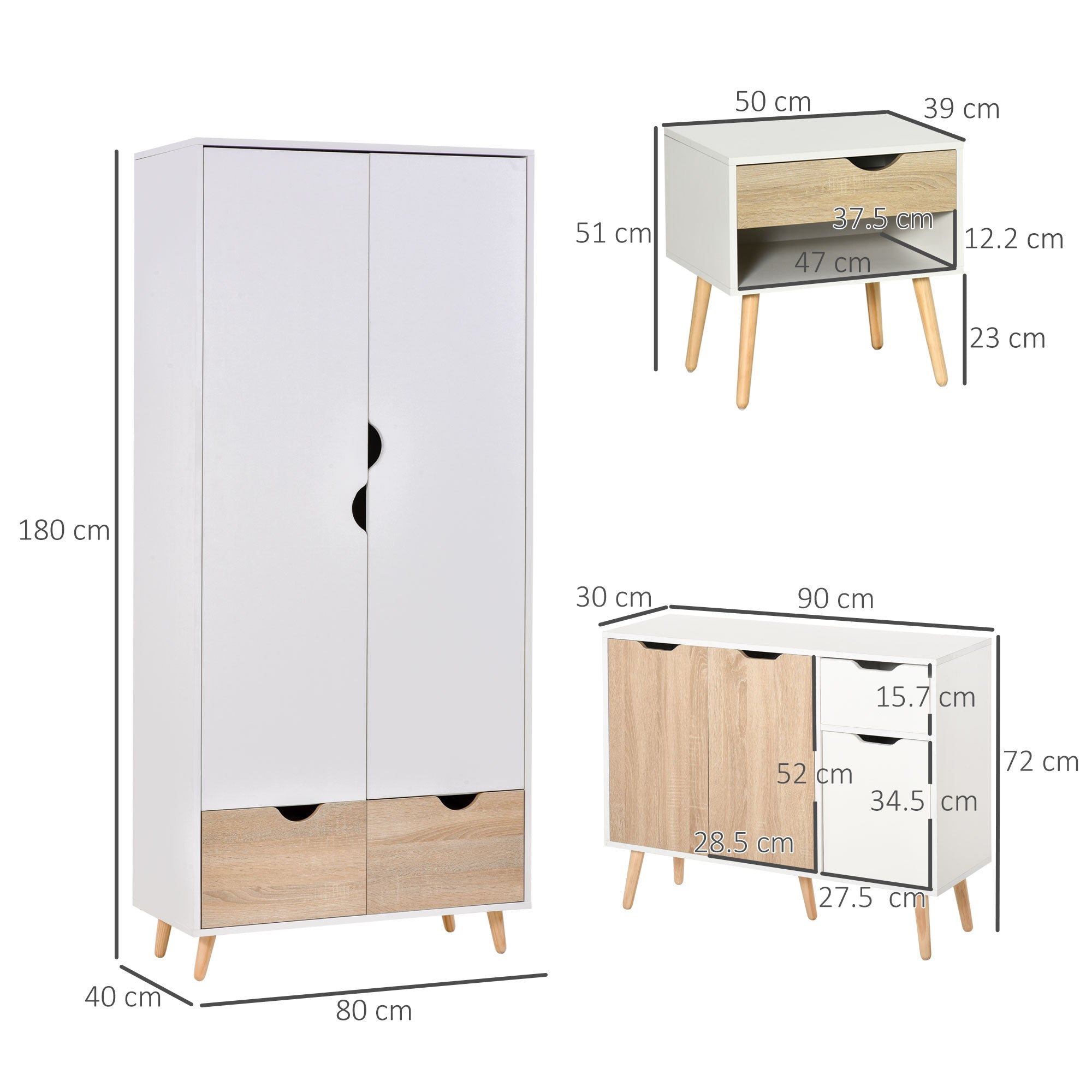 Bedroom Furniture Set, Wardrobe with Hanging Rod, Side Cabinet with wood legs , Bedside Table with Drawer, Nature Wood Finish and White