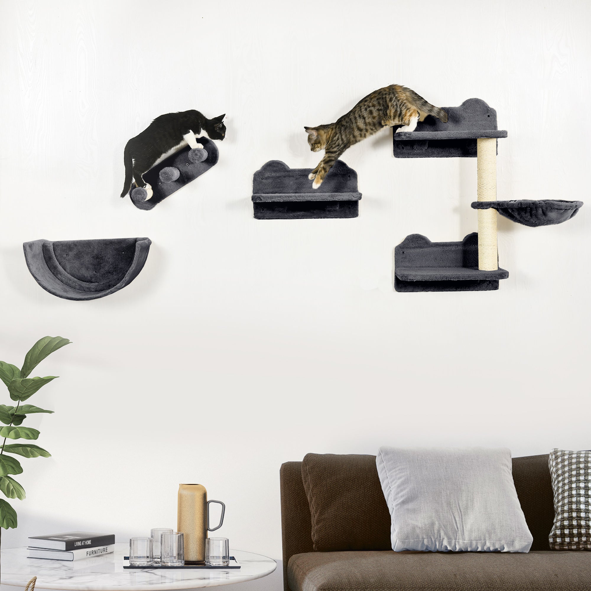 4PCs Wall-Mounted Cat Shelves w/ Scratching Post, Hammock, Nest - Dark Grey