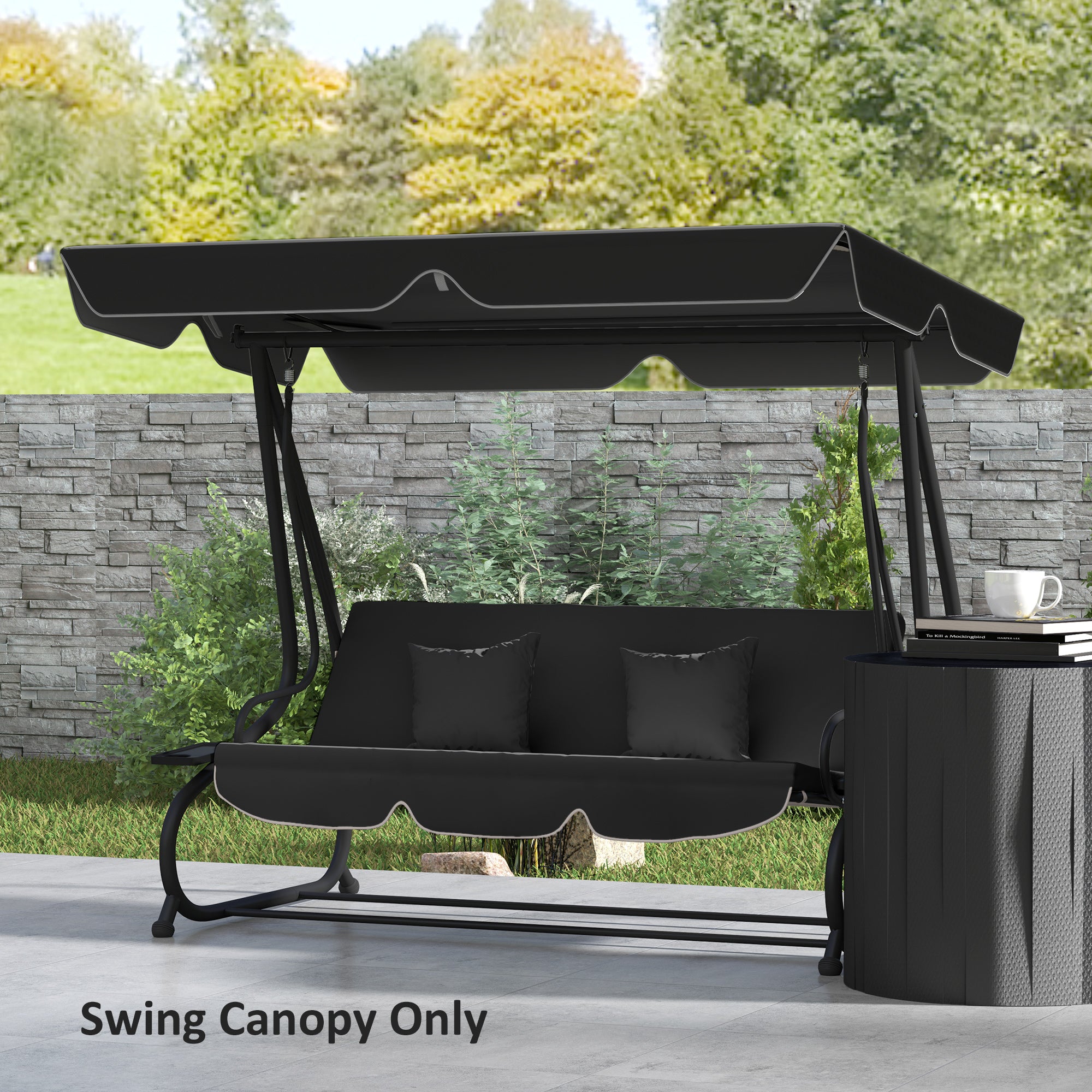 Garden Swing Canopy Replacement 3 Seater, Waterproof Garden Swing Seat Canopy Cover, Windproof Anti-UV Sun Shade (Canopy Only) for Patio, Balcony, Black