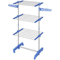 Three-Shelf Collapsible Clothes Horse with Side Arms and Wheels - Blue