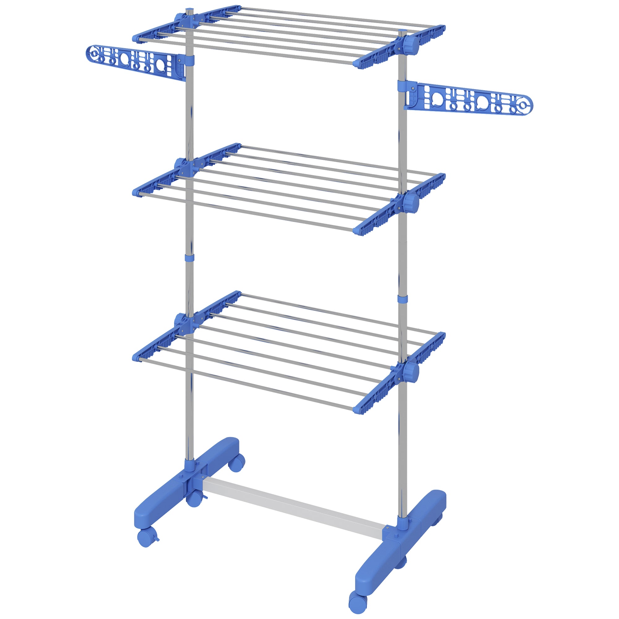 Three-Shelf Collapsing Clothes Horse, With Side Arms and Wheels - Blue