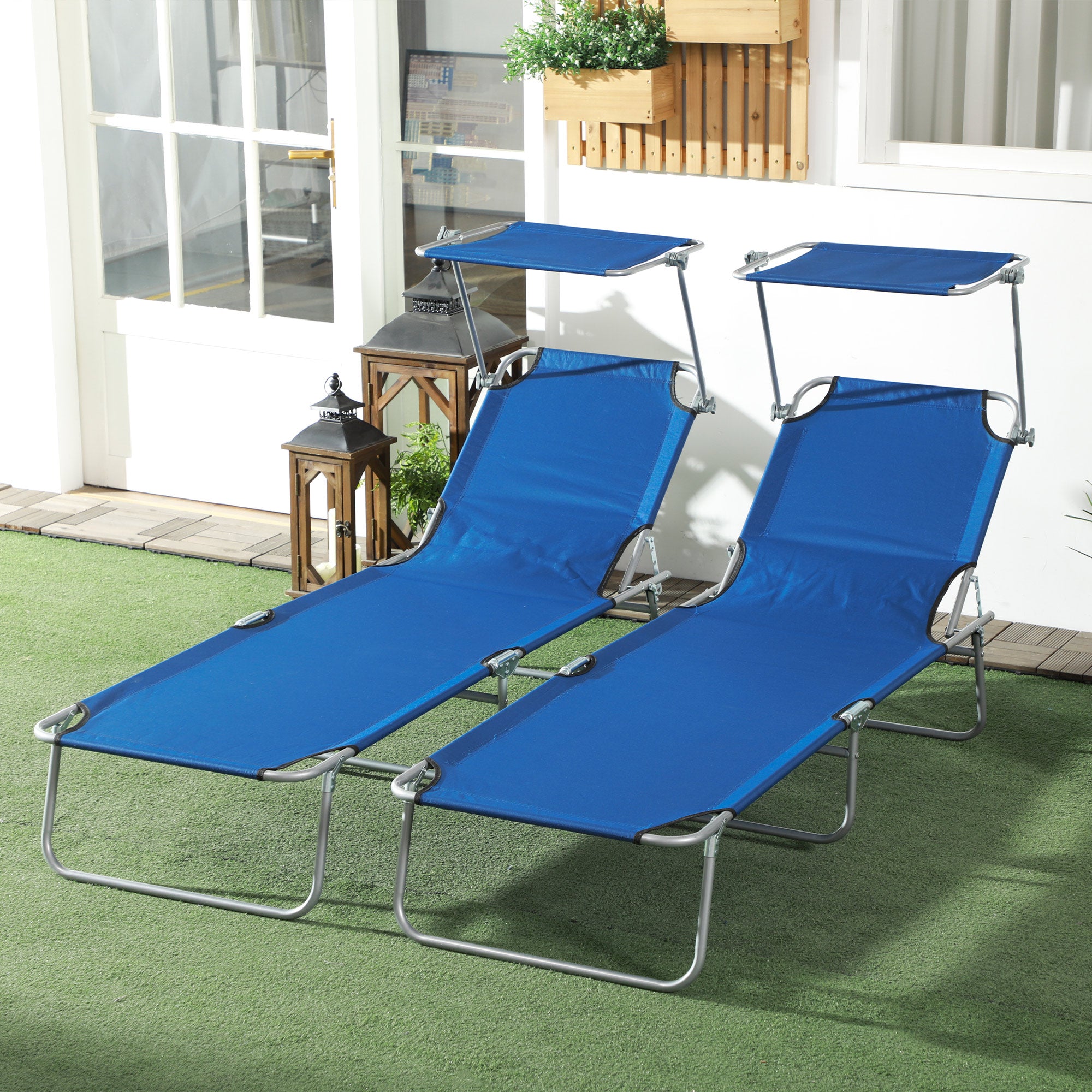 Outdoor Foldable Sun Lounger Set of 2, 4 Level Adjustable Backrest Reclining Sun Lounger Chair with Angle Adjust Sun Shade Awning for Beach, Garden, Patio, Blue