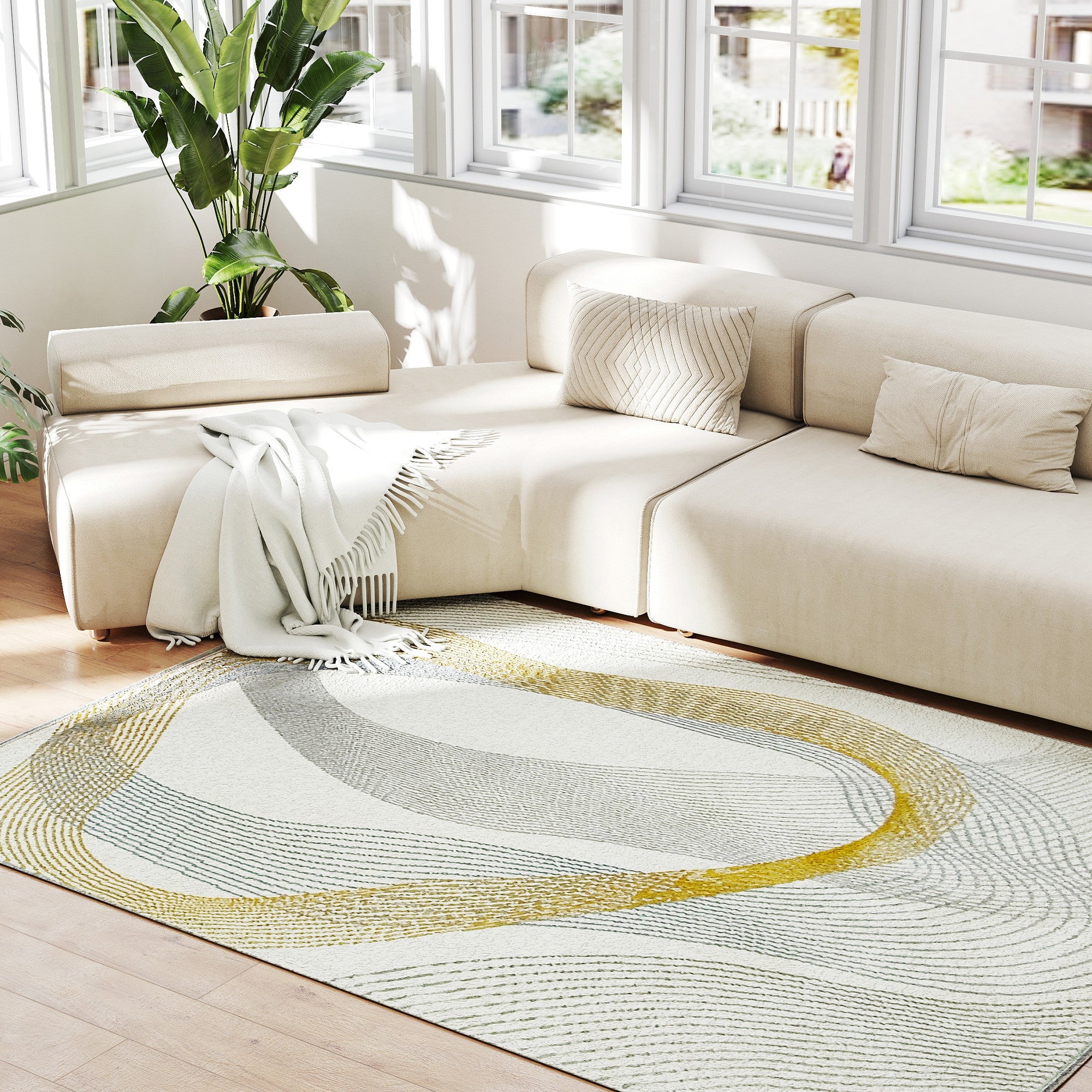 Modern Area Rug, Machine Washable Rug, Allergy-Friendly Floor Carpet for Living Room, Bedroom, Dining Room, Home Office, 170 x 120 cm, Cream White