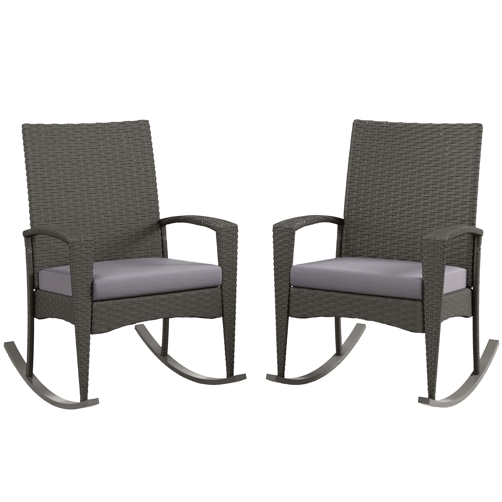 Outdoor PE Rattan Rocking Chair Set of 2, Garden Rocking Chair Set with Armrest and Cushion, Grey