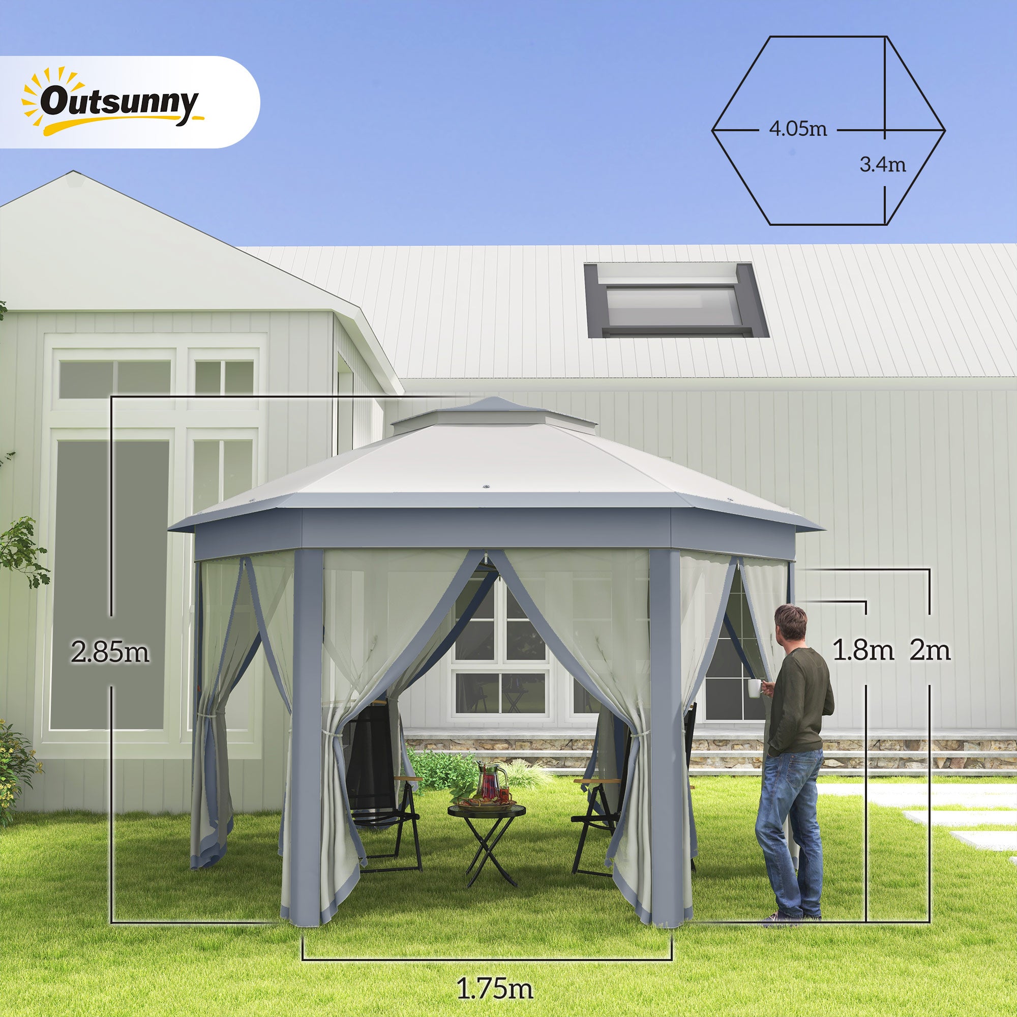 3 x 4m Metal Frame Hexagon Gazebo, with Curtains - Grey