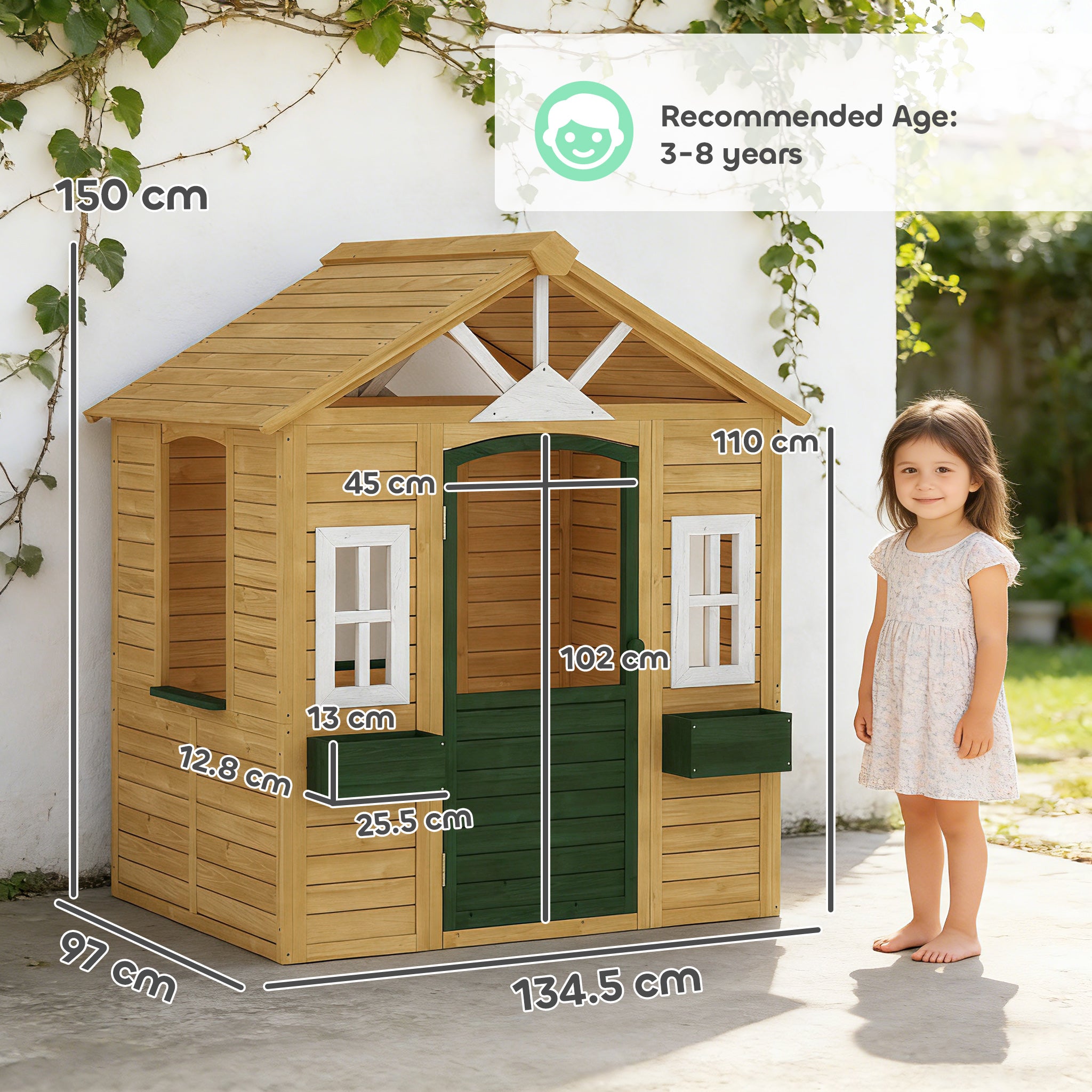 Outdoor Kids Playhouse, Wooden Wendy House with Door, 3 Windows, 2 Flower Boxes for Garden, Indoor Playroom