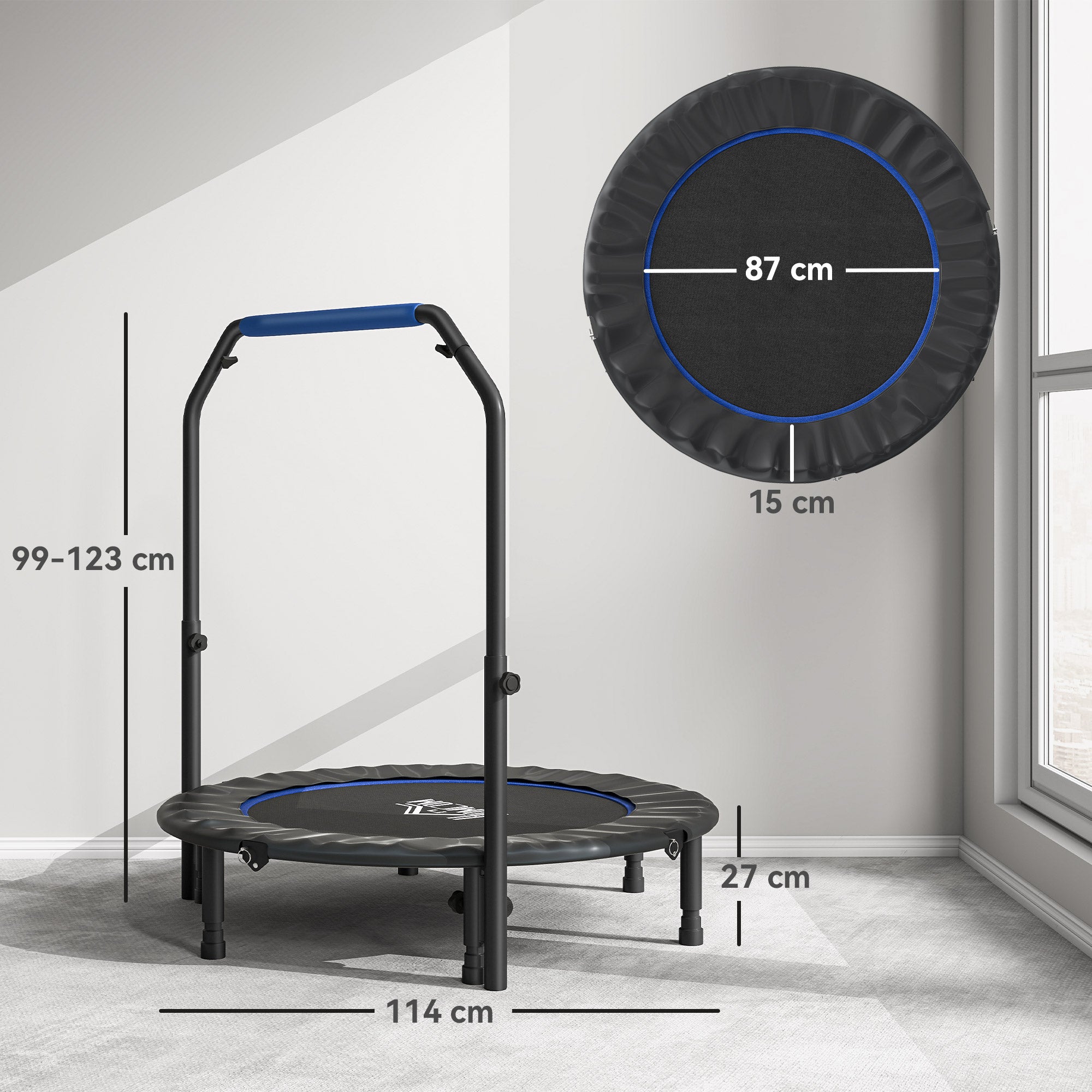 45" Foldable Mini Fitness Trampoline, with Adjustable Foam Handle, Blue