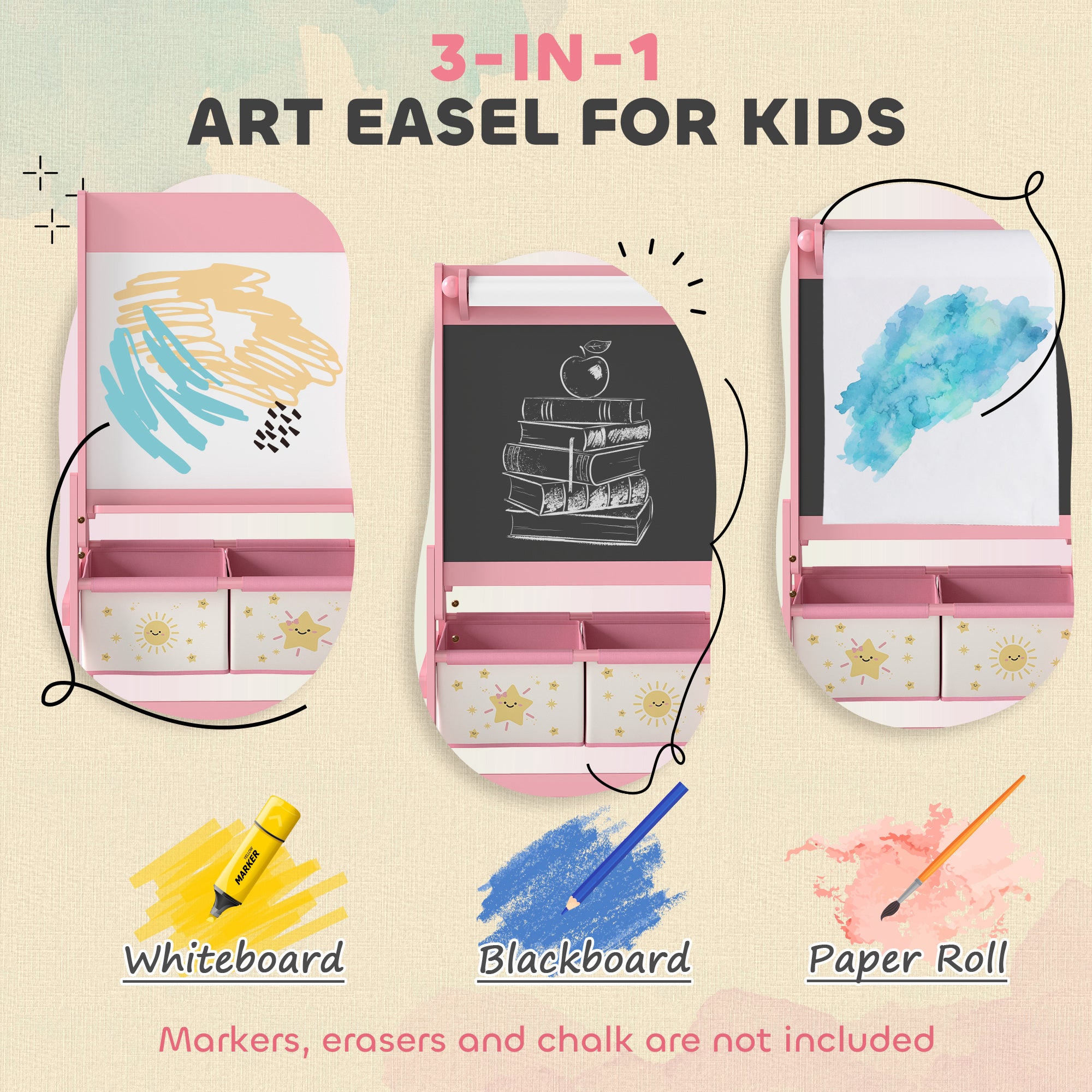 Art Easel for Kids, Double-Sided Whiteboard/Blackboard with Paper Roll, Two Storage Boxes, for Ages 3-8 Years, Pink
