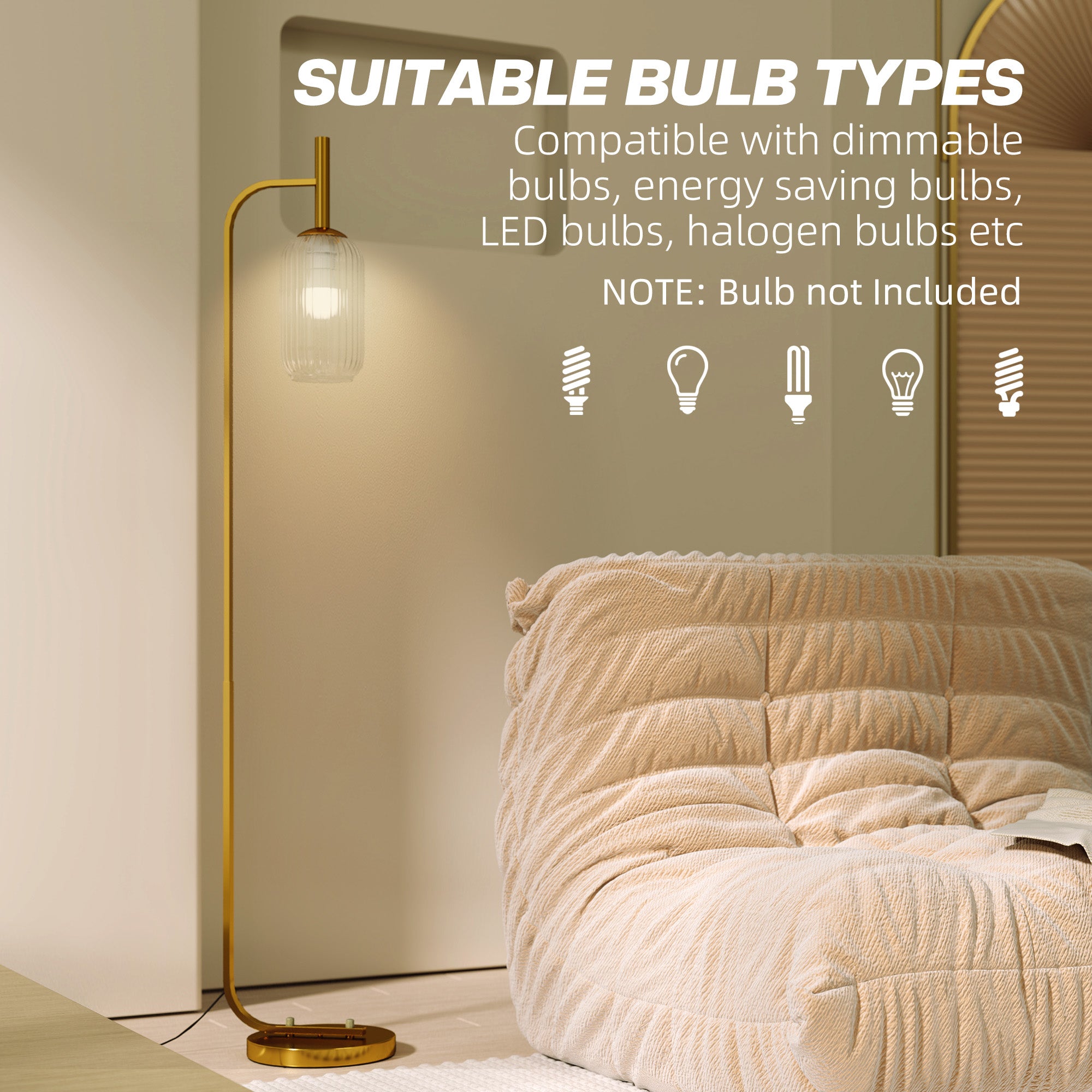 Modern Floor Lamp with Glass Lampshade and Foot Switch for Living Room & Bedroom - Gold Tone