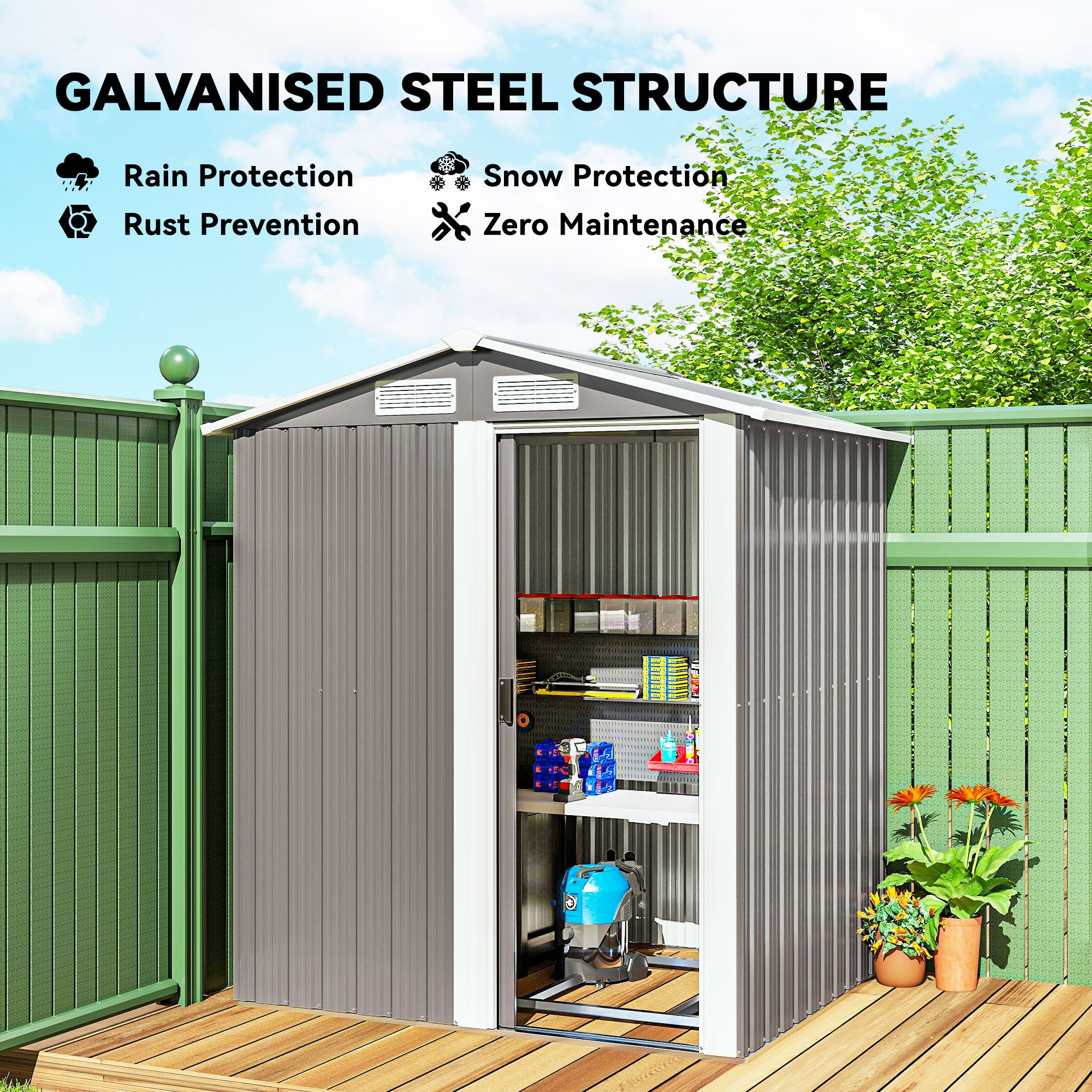 Garden Metal Tool Storage Shed with Sliding Door, Sloped Roof and Foundation Kit, 152 x 132 x 188cm, Grey
