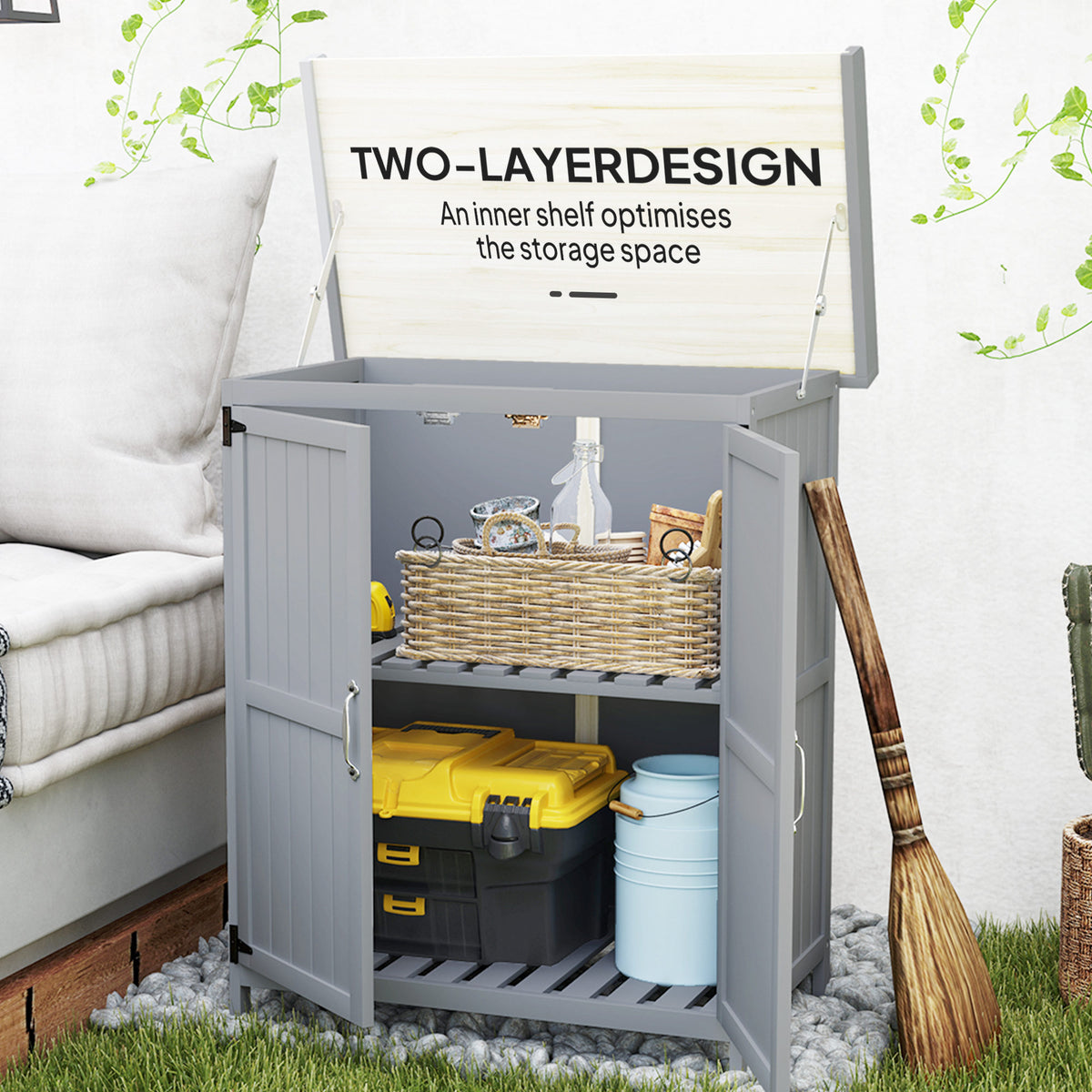 Wooden Garden Tool Storage Shed with Hinged Roof and Shelf - Grey