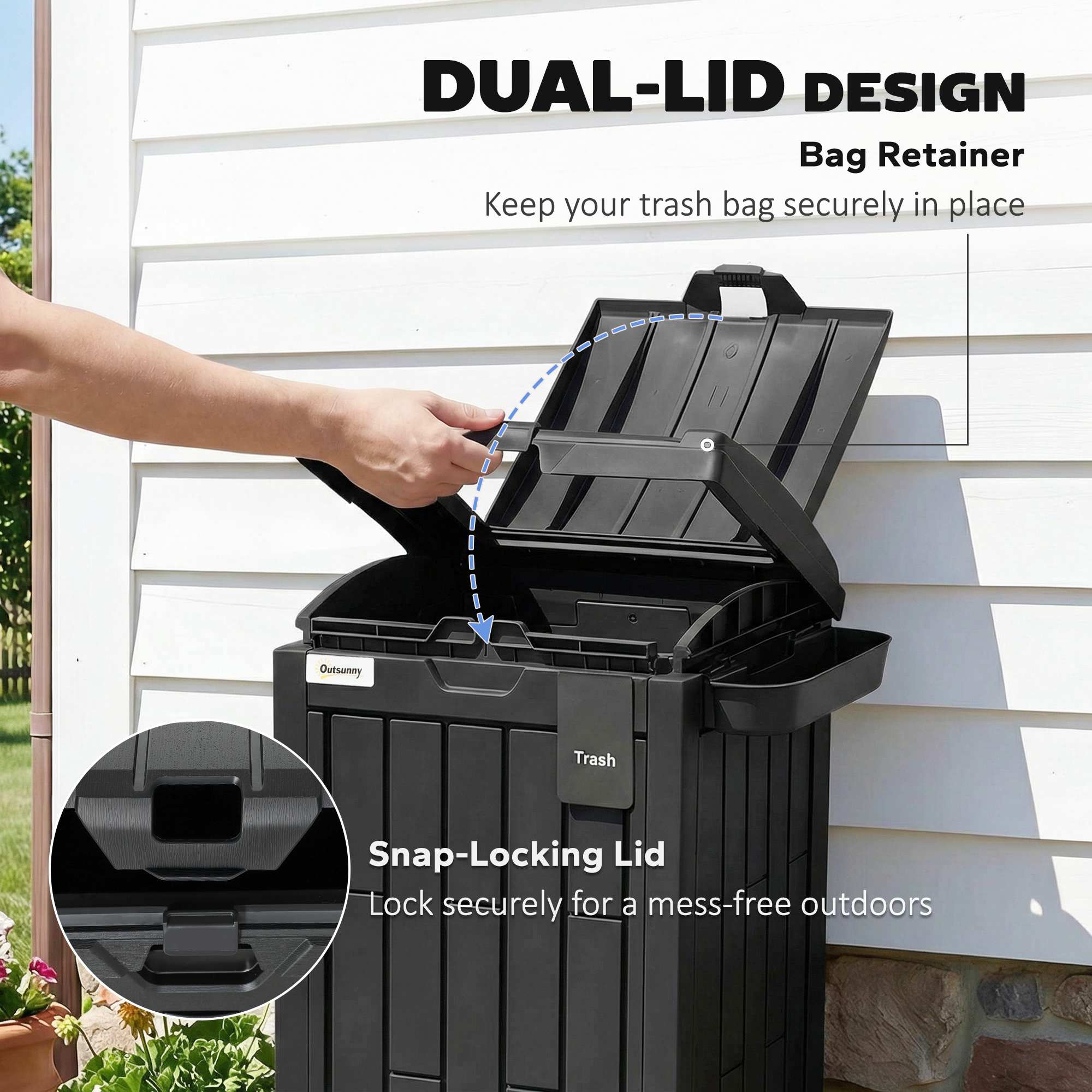 110 L Outdoor Bin with Dual Lid, Waterproof Plastic Trash Bin with Ashtray and Drip Tray, Garden Waste Trash Bin, Black
