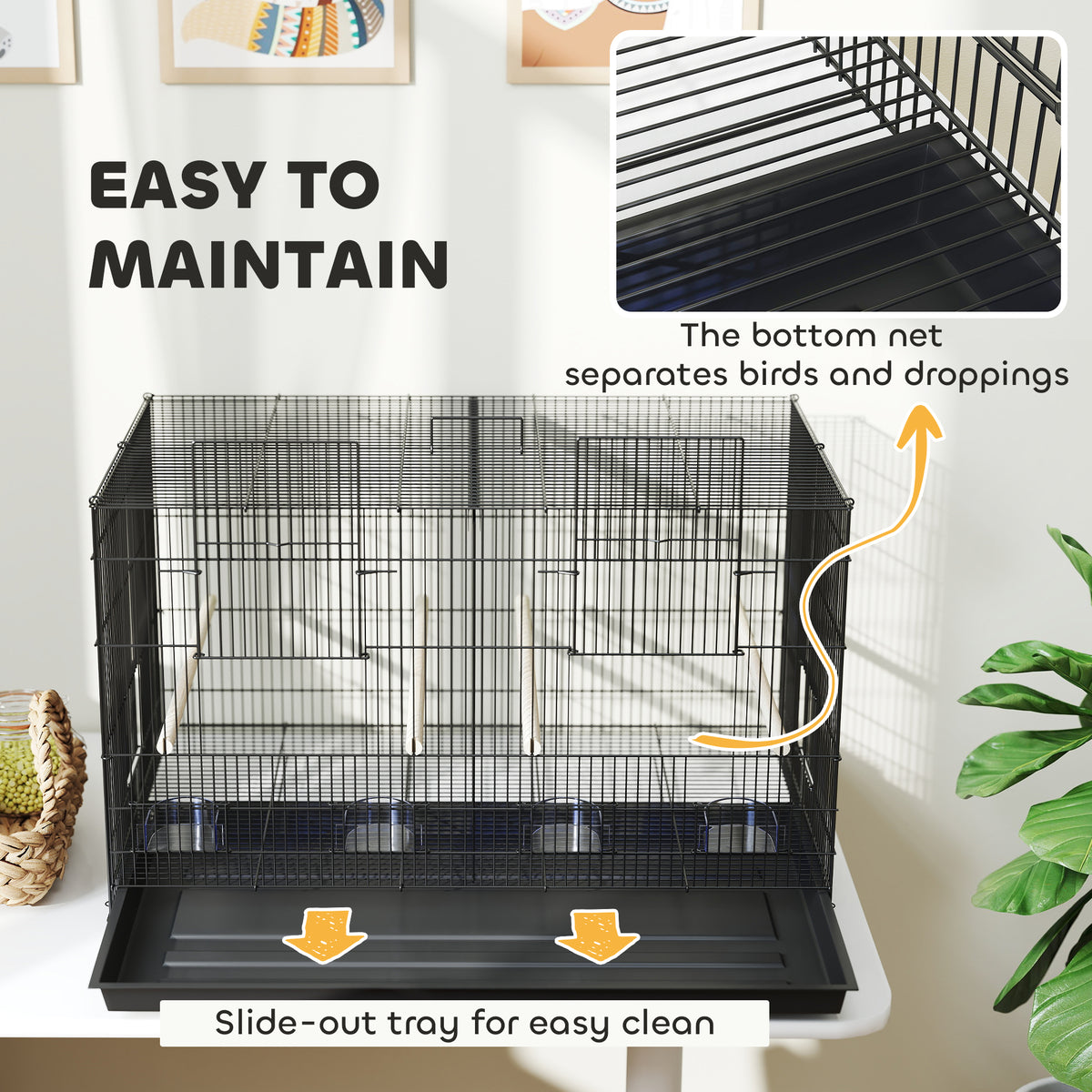 Bird Cage with Divider, 4 Perches & Feeders, Slide-Out Tray, 76x46x46cm for Budgie, Lovebird, Canary - Black