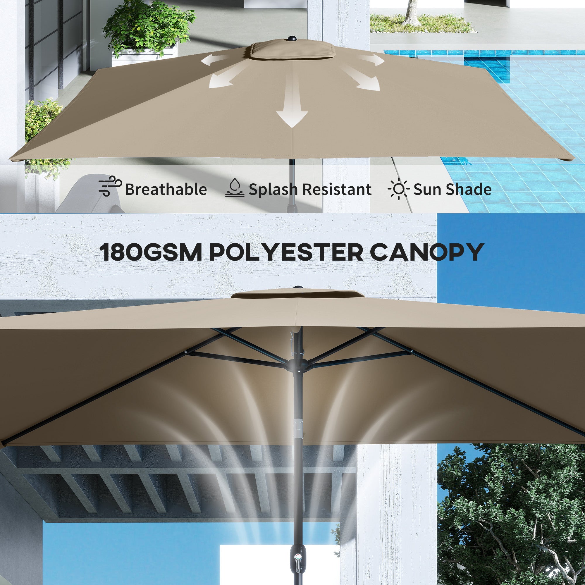 Garden Parasol, Parasol Umbrella with Crank Handle, Tilt Function, Polyester Canopy, Khaki