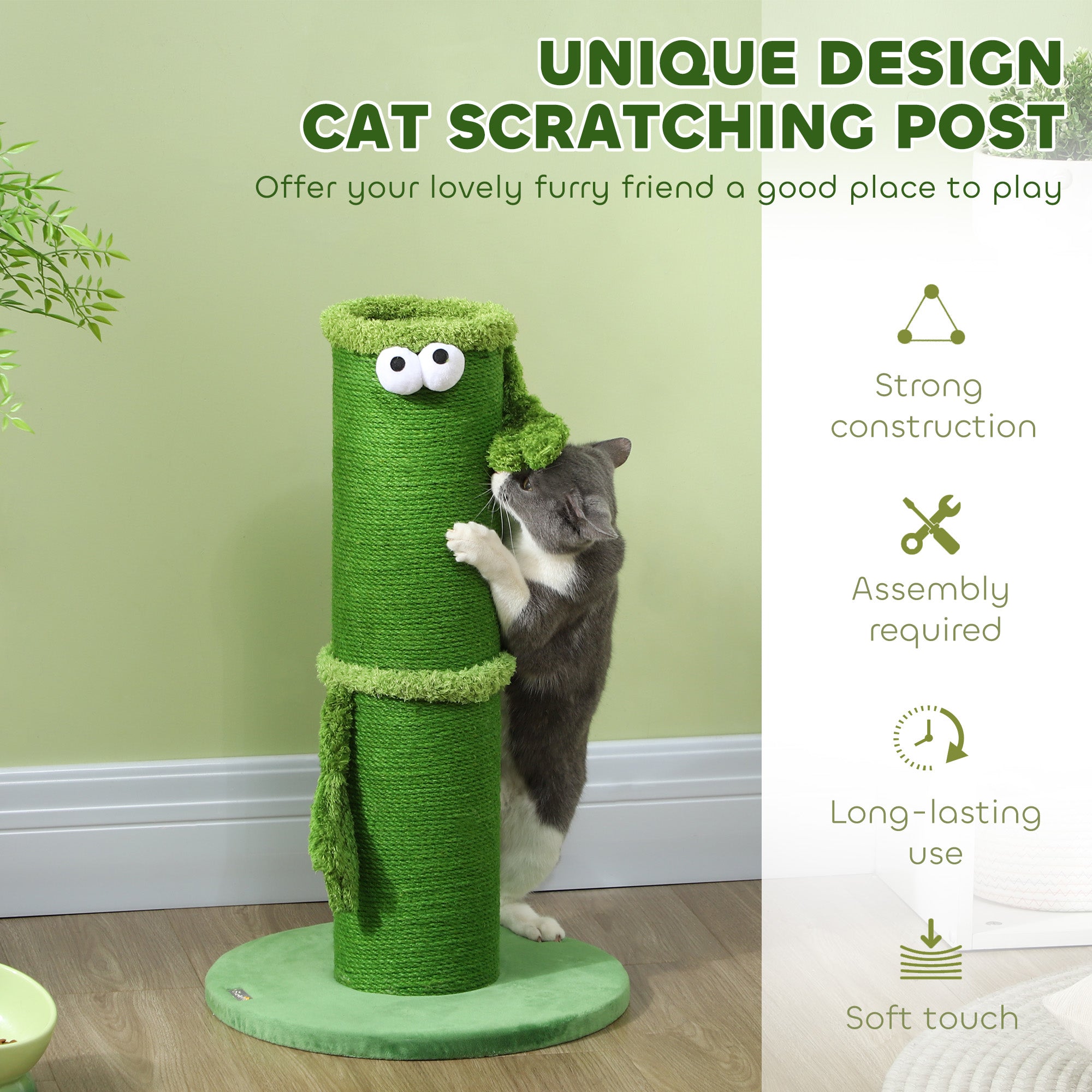 63cm Cat Scratching Post for Indoor Cats, with Sisal Rope Cover, Large Base, Green