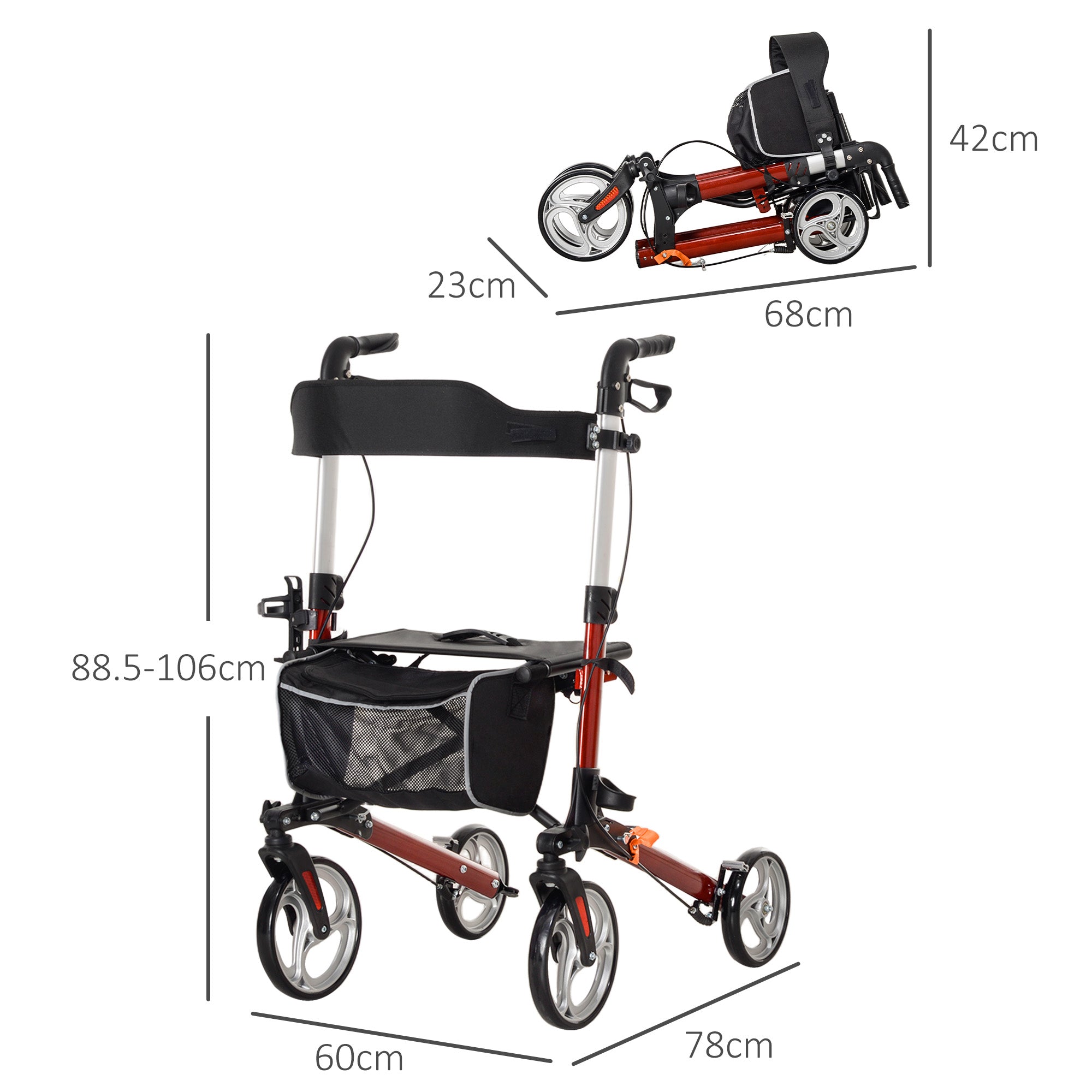 Folding Rollator Walker with Seat and Backrest, Lightweight Walking Frame with Storage Bag, Dual Brakes, Adjustable Handle Height, Cane Holder, 4 Wheeled Walker for Seniors, Red