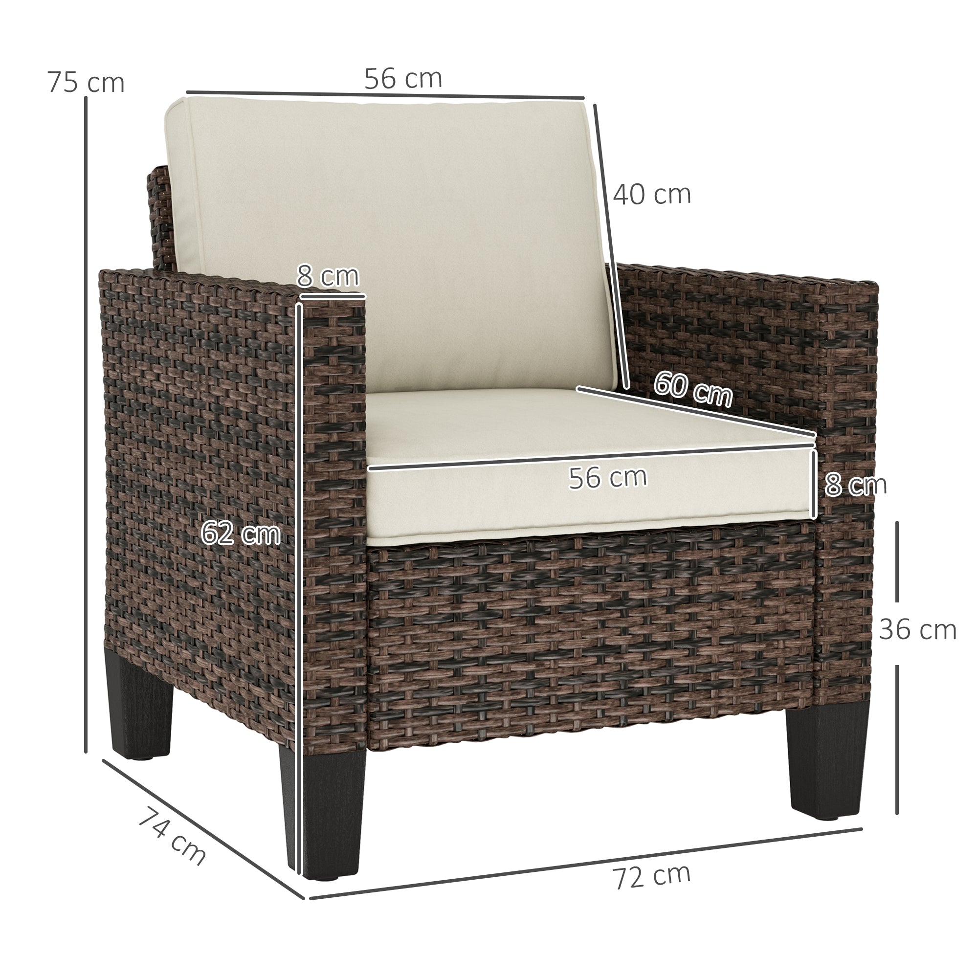 Single Rattan Armchair, with Cushions - Brown