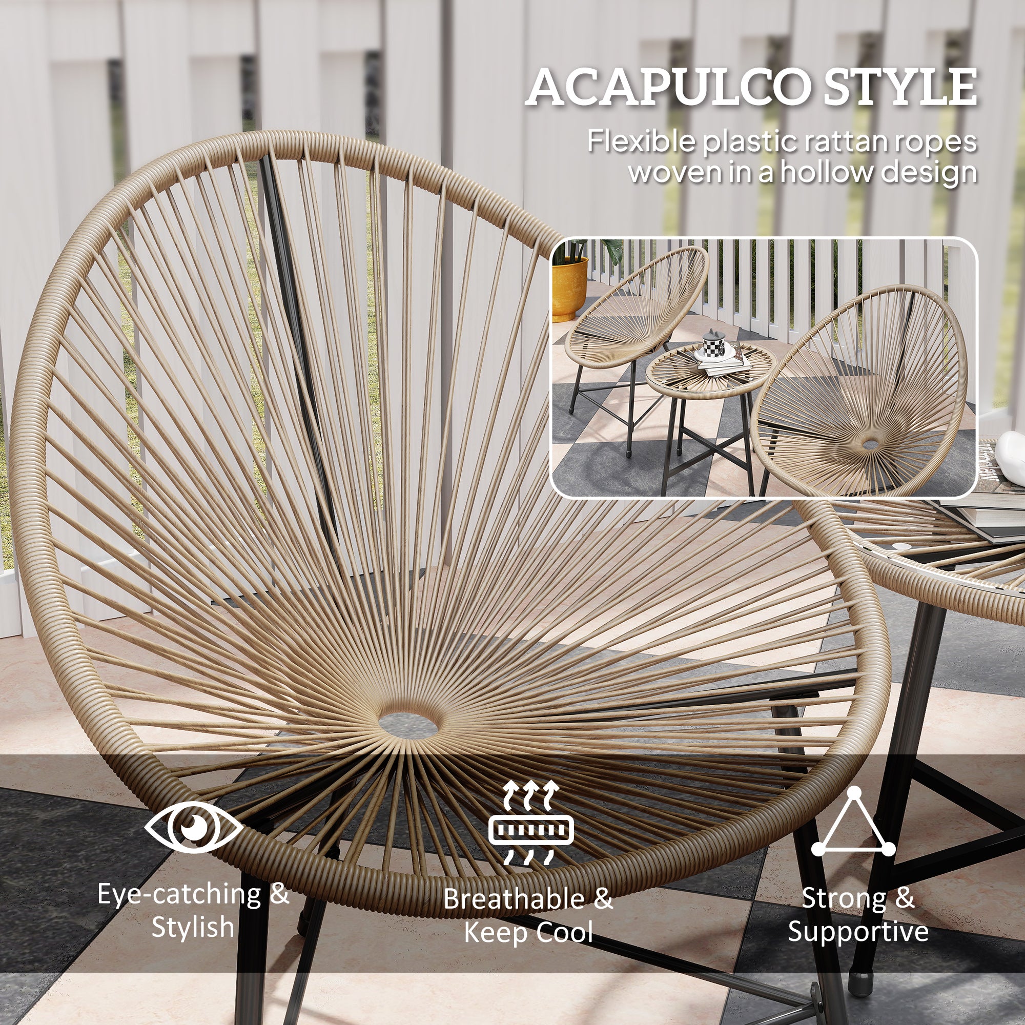 3 Pieces Rattan Bistro Set with Acapulco Chairs and Glass Top Table for Outdoor Patio Balcony - Natural