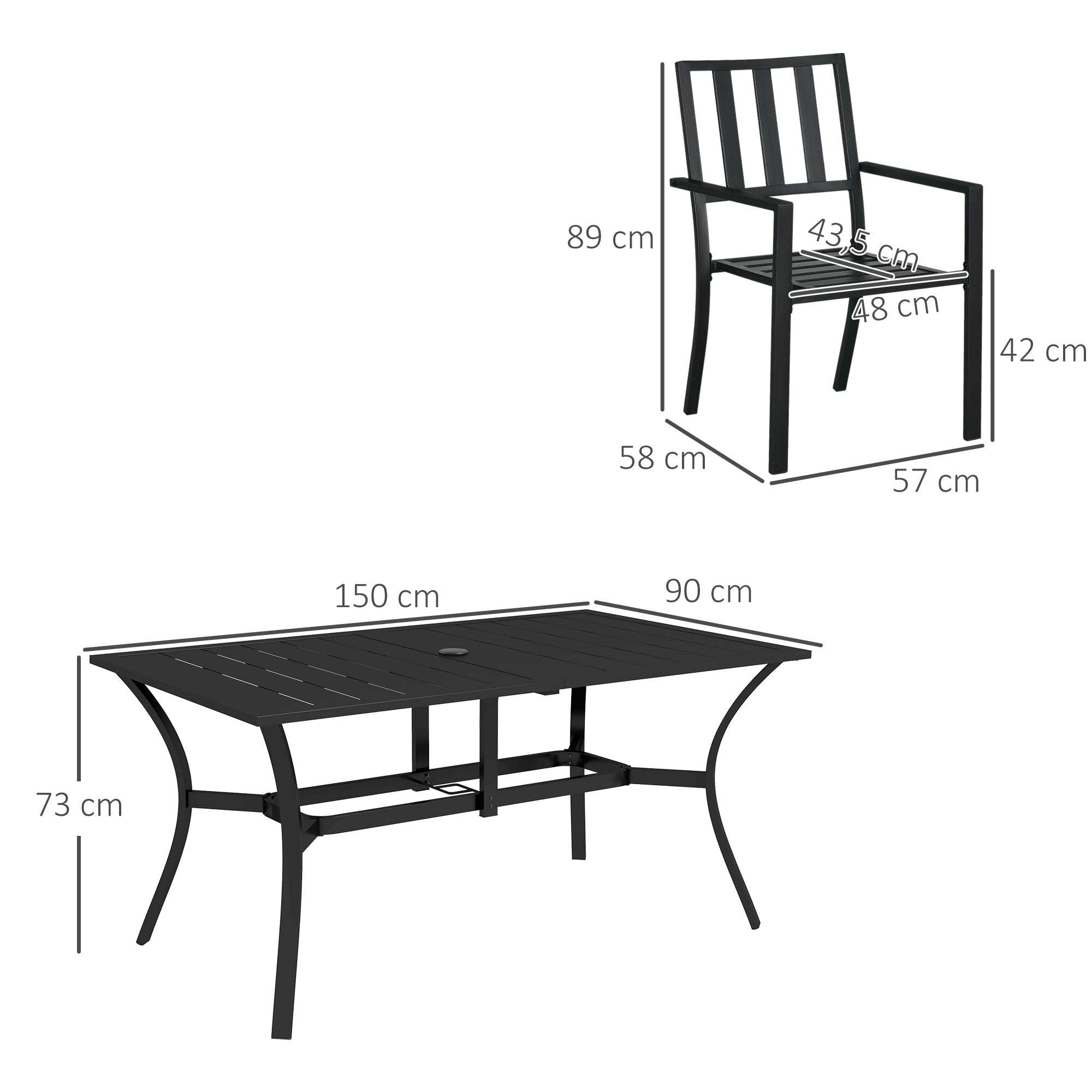 7 Pieces Garden Table and Chairs 6 Seater Outdoor Table and Chairs with Umbrella Hole, for Poolside, Garden, Black