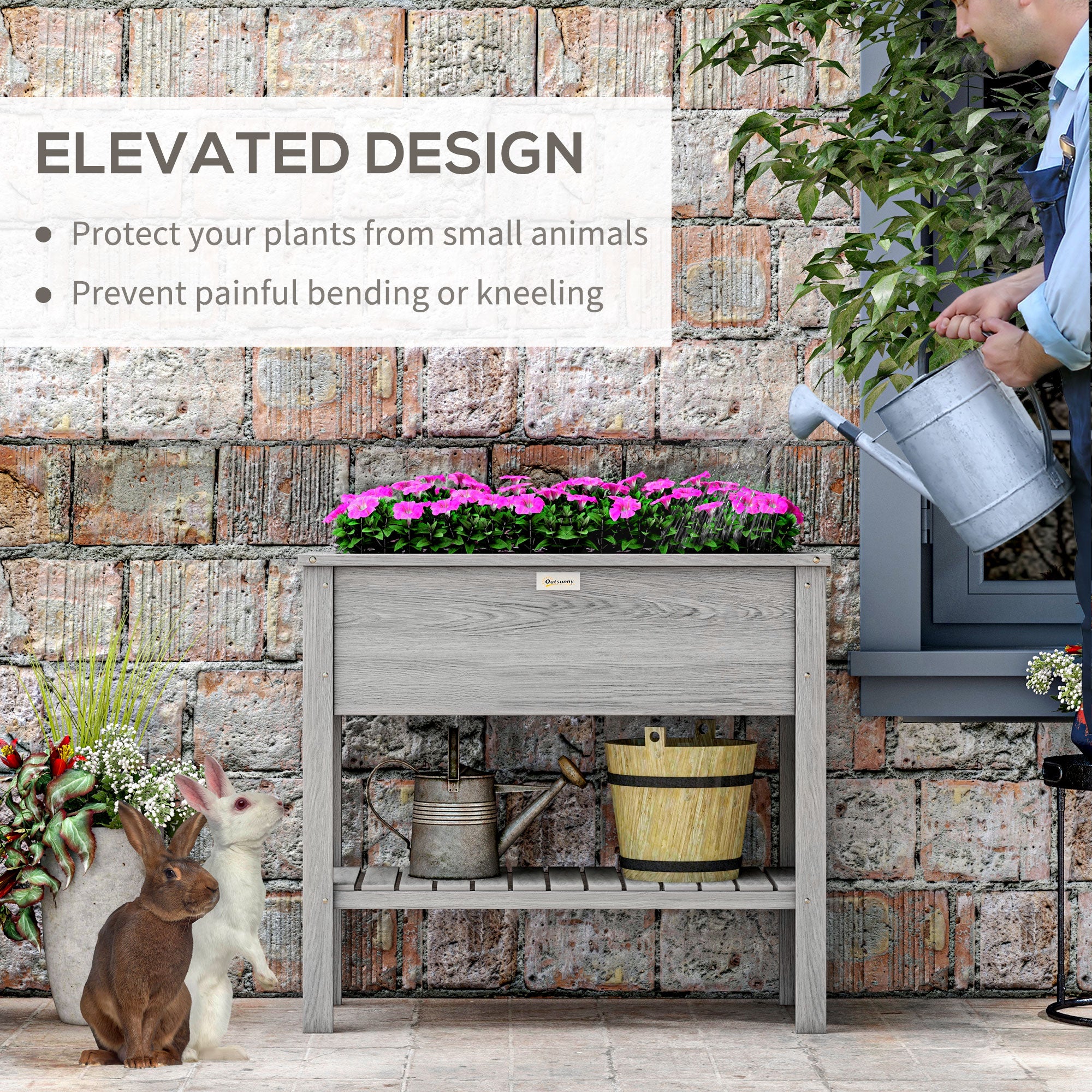Wooden Raised Garden Bed, Elevated Planter Box with Storage Shelf and Drainage Holes, Raised Planter with Legs, Grey