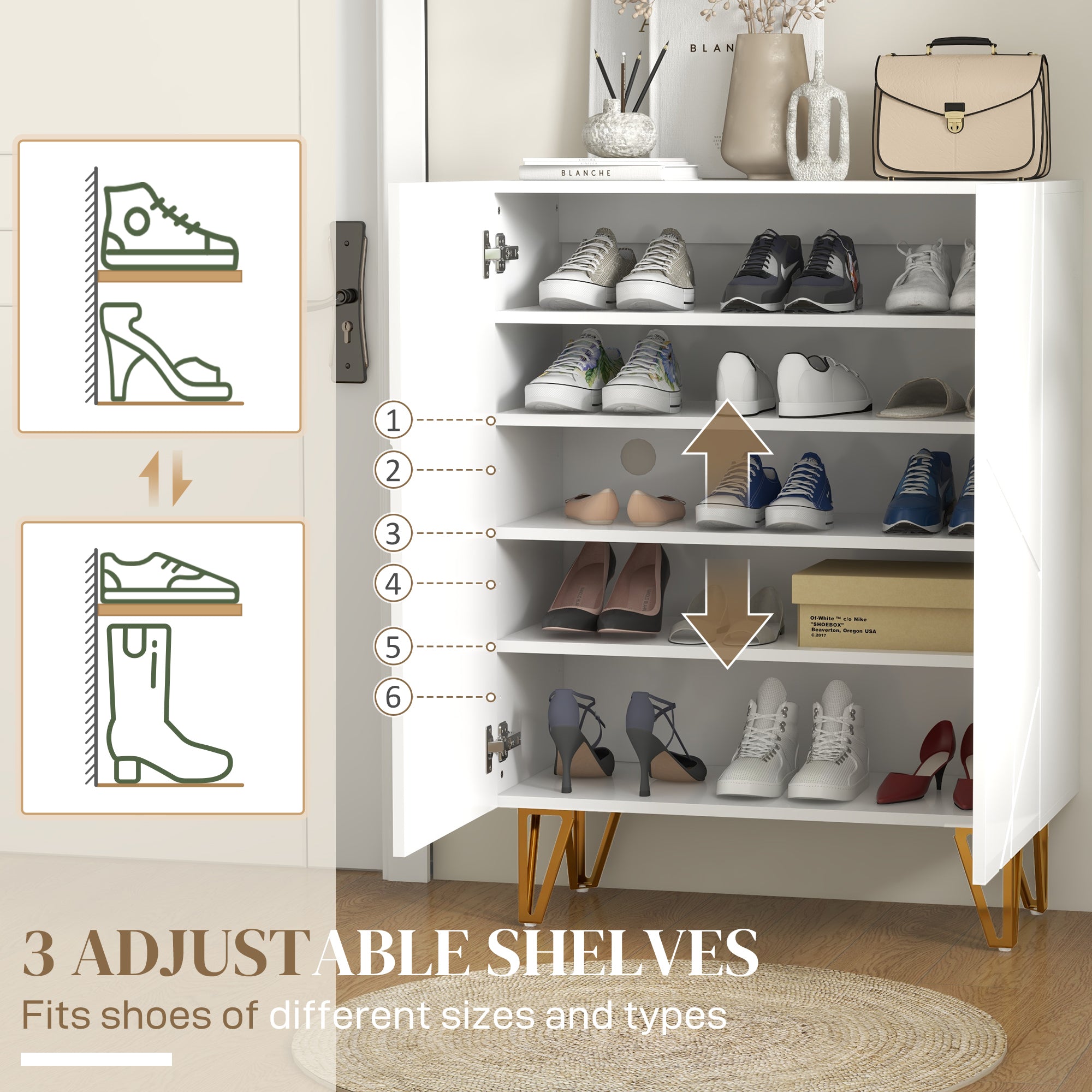 Narrow Shoe Storage Cabinet with Soft-Close Hinges and Adjustable Shelves for 15-20 Pairs of Shoes, White