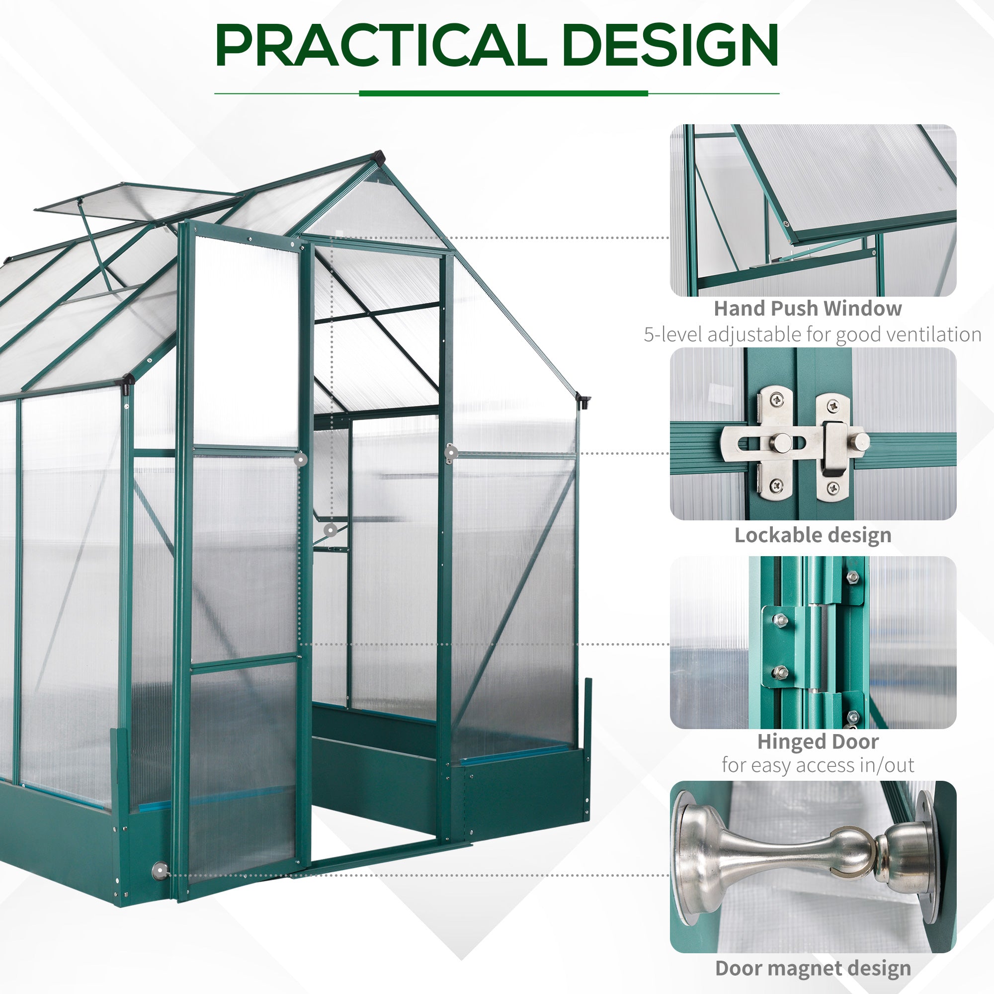 Garden Walk-in Aluminium Greenhouse Polycarbonate with Plant Bed, Temperature Controlled Window, Foundation, 6 x 8ft