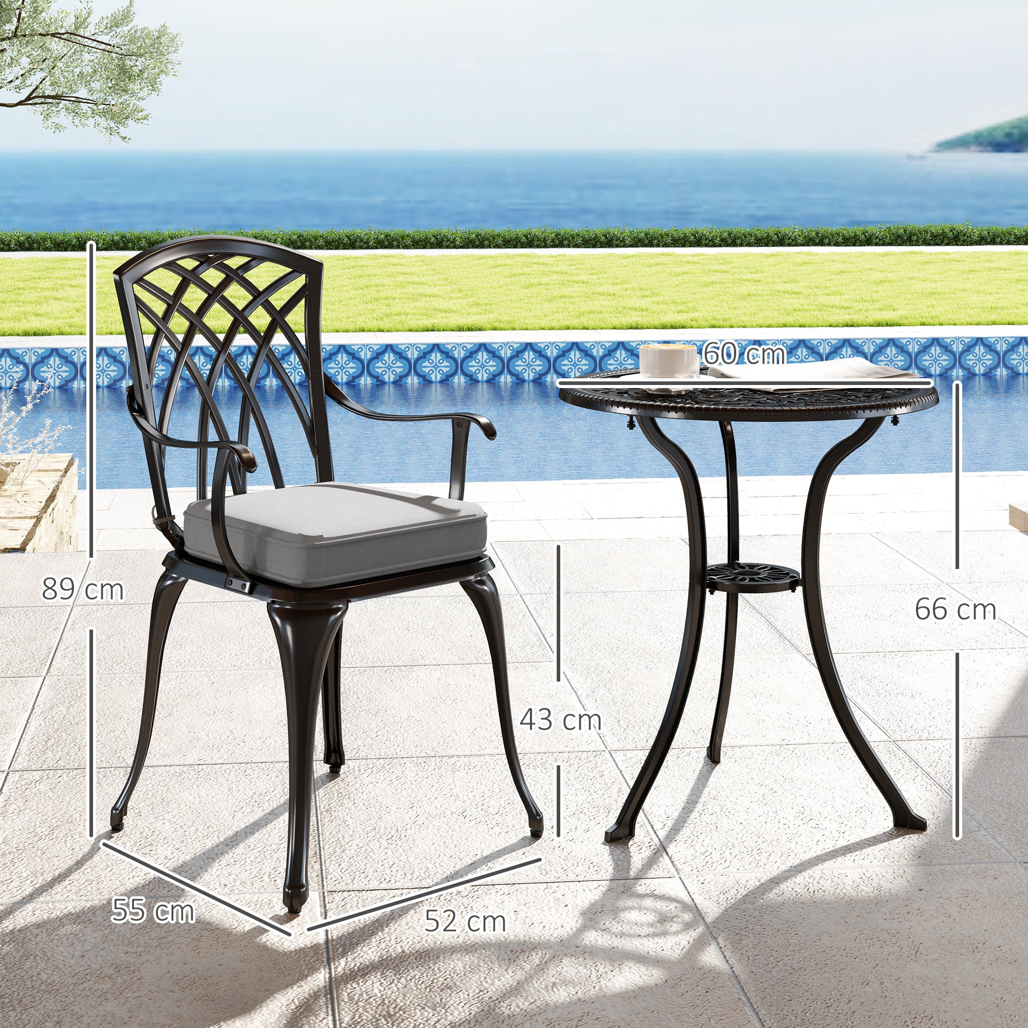 Three-Piece Cast Aluminium Bistro Set with Cushions and Parasol Hole - Black