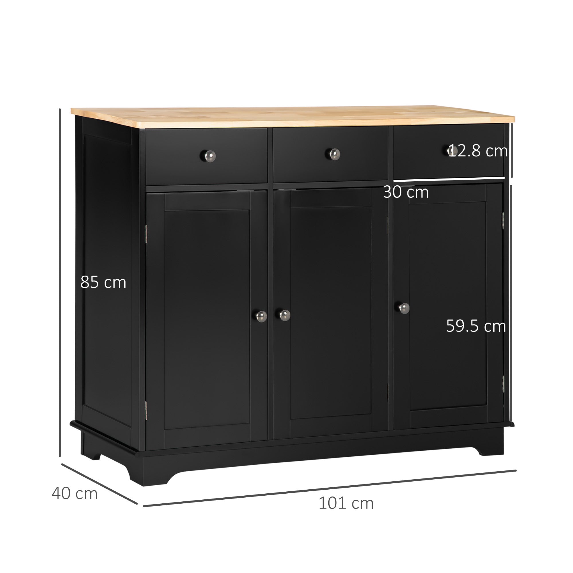 Sideboard with Rubberwood Top and Adjustable Shelves for Dining Room, Kitchen - Black