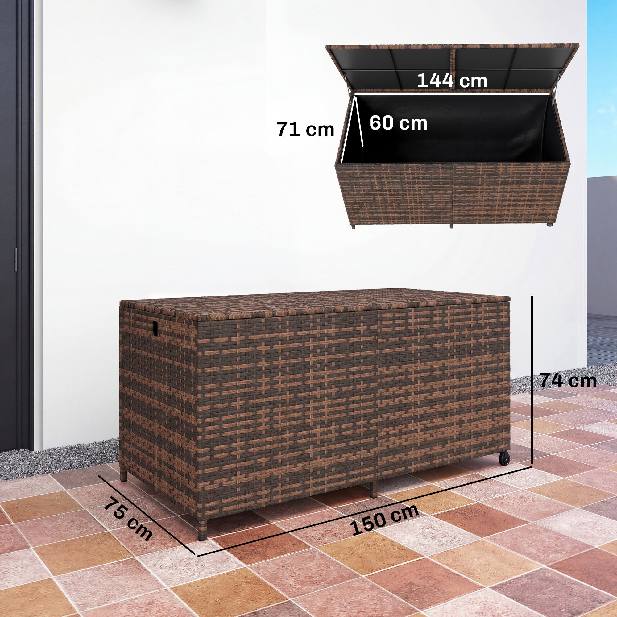 650L Garden Storage Box with 2 Wheels, Rattan Deck Box with Waterproof Zipped Liner, Safe Pneumatic Rods, Mixed Brown
