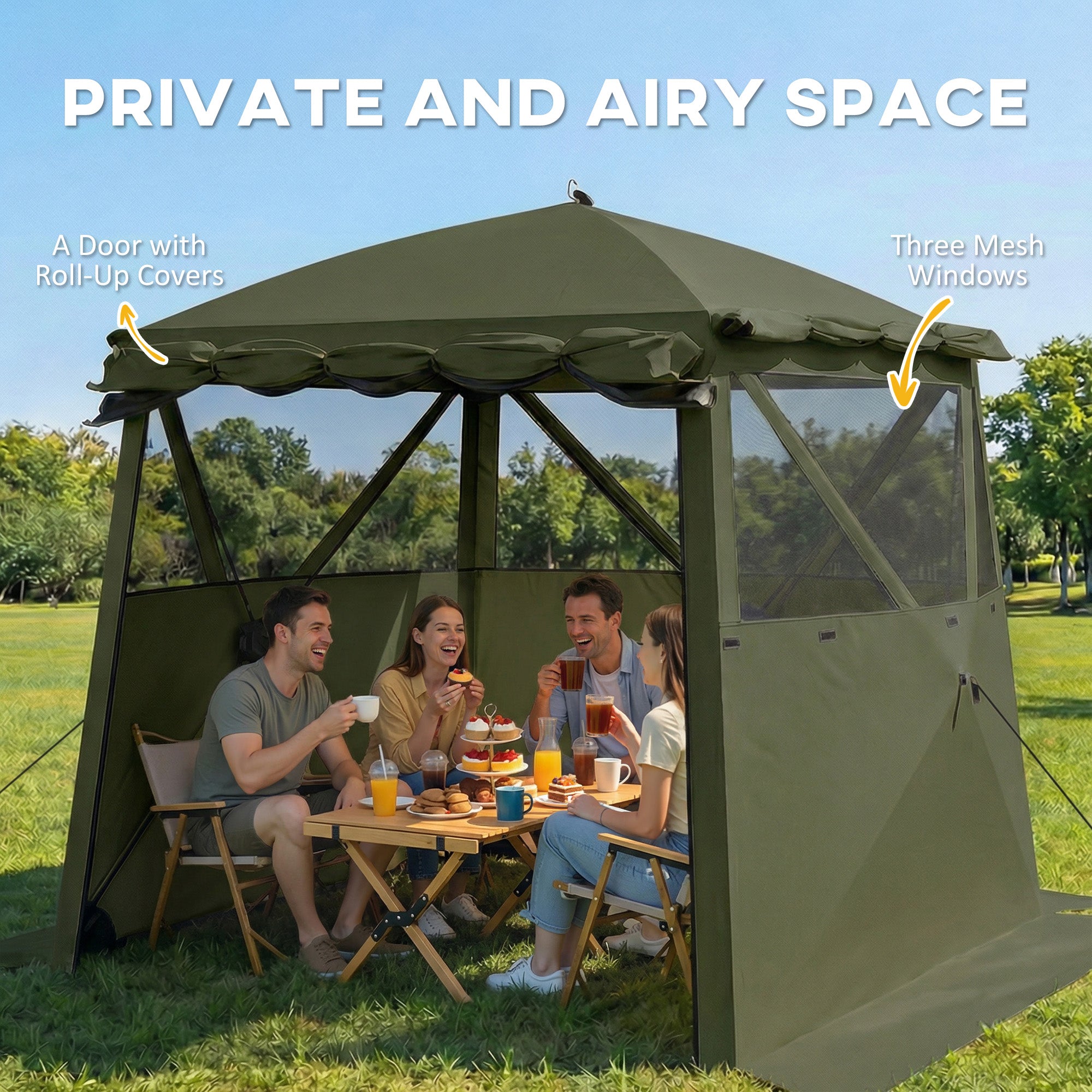 Pop Up Gazebo Waterproof Instant Shelter with Awning Mesh Windows for Camping Patio 2 x 2 m, Army Green