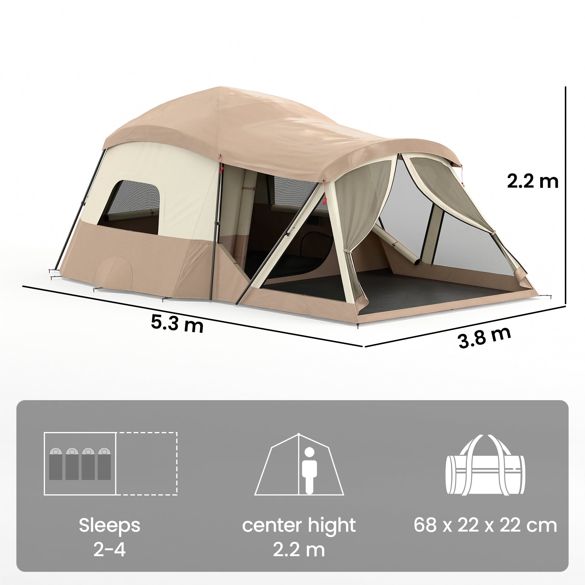 Cabin Tent Waterproof Camping Tent with Two Room for 4 Person Brown