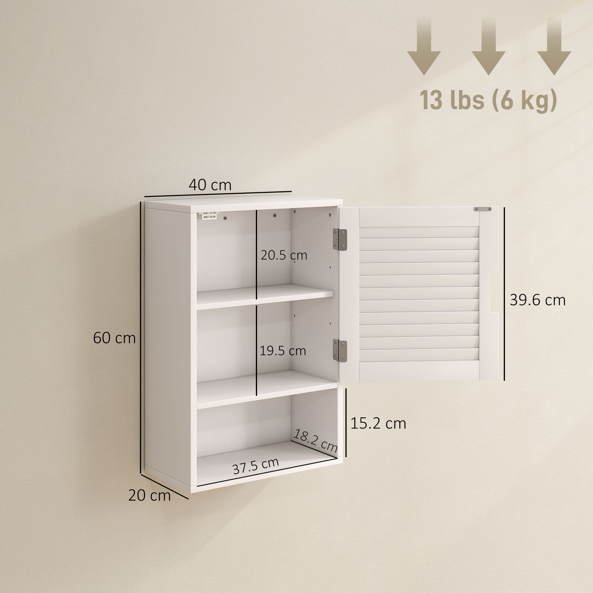 Bathroom Cabinet, Wall Mounted Storage Cabinet with Adjustable Shelves, 40 x 20 x 60 cm, White