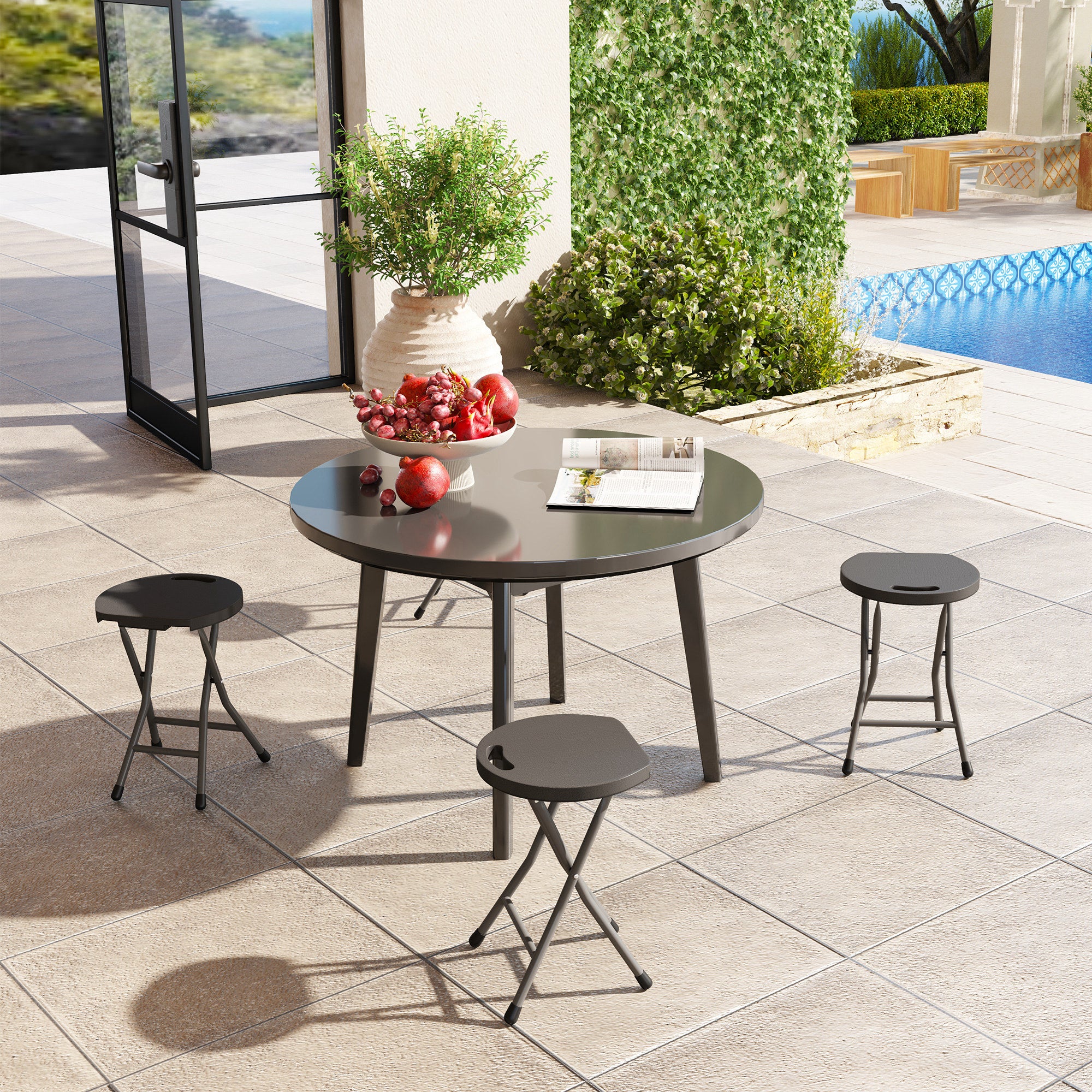 Set of Four Folding Carry Stools with Powder-Coated Steel Legs - Charcoal Grey