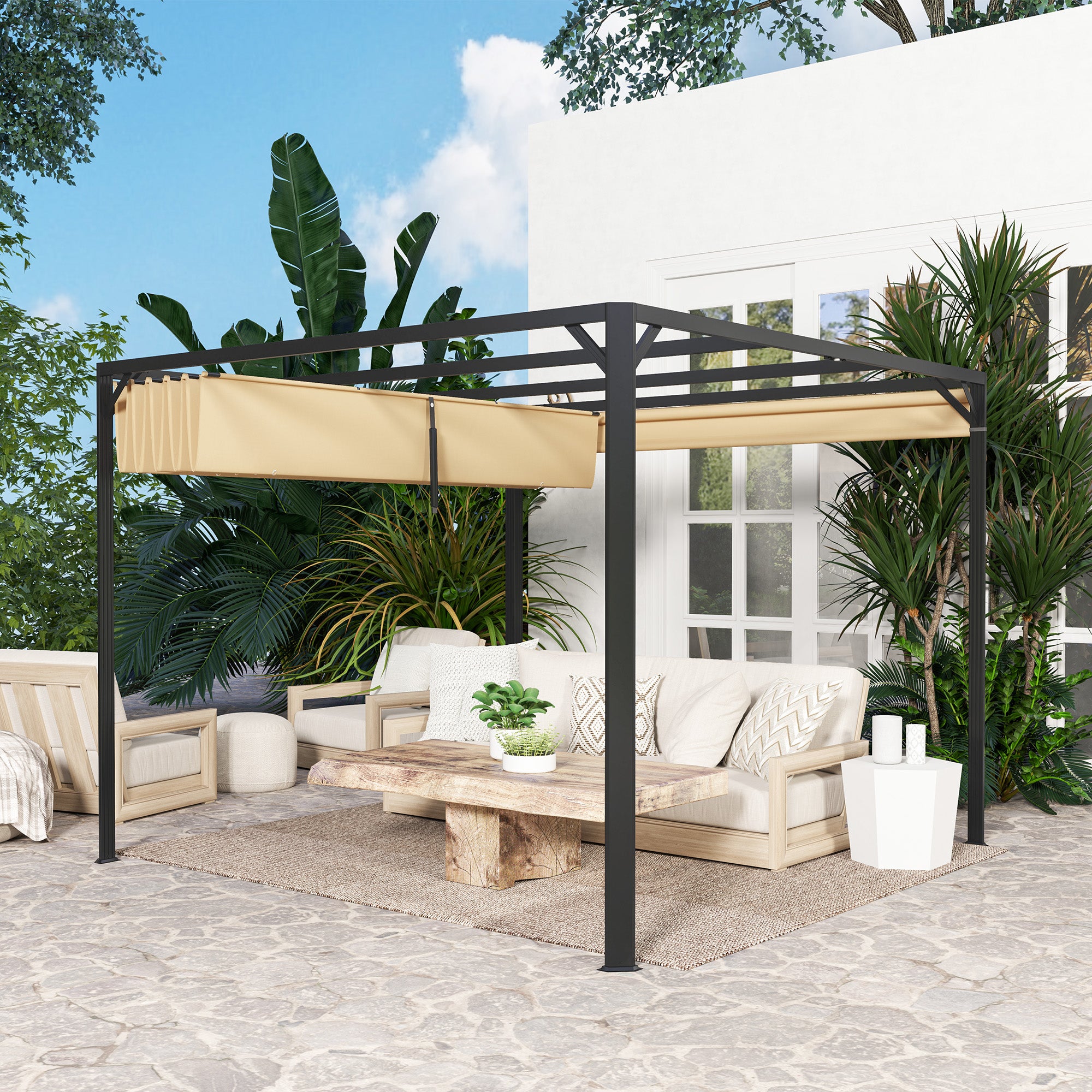 3 x 3 Metre Aluminium Pergola Set with Retractable Roof and Wall - Khaki