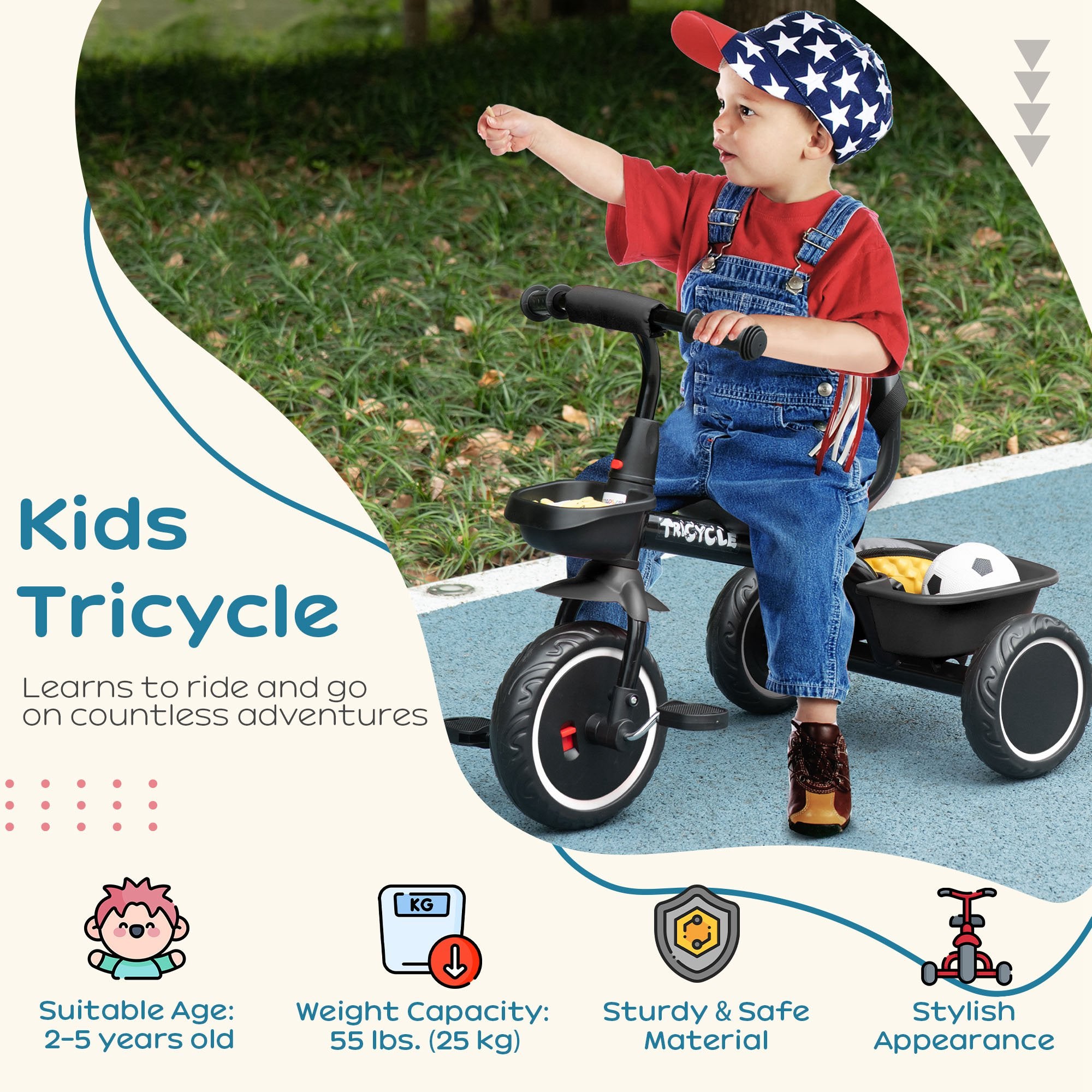 Kids Trike for 2-5 Years with Adjustable Seat, Pedal, Baskets, Black