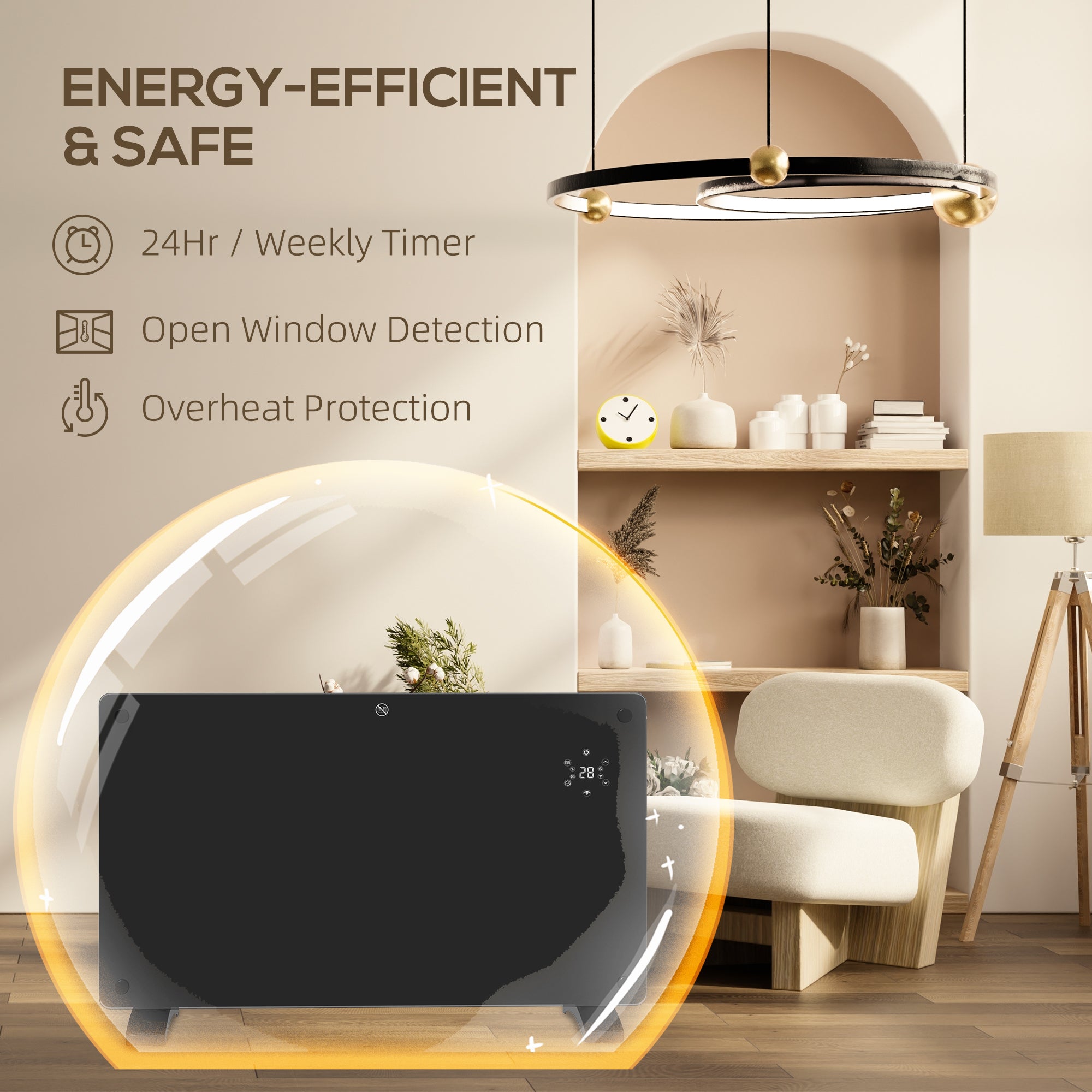 Electric Heater Wifi Smart App, 1500W Glass Panel Heater Radiator, Freestanding or Wall Mounted Convector Space Heater with LED Display, 24Hr 7 Day Timer, Adjustable Thermostat, Remote Control