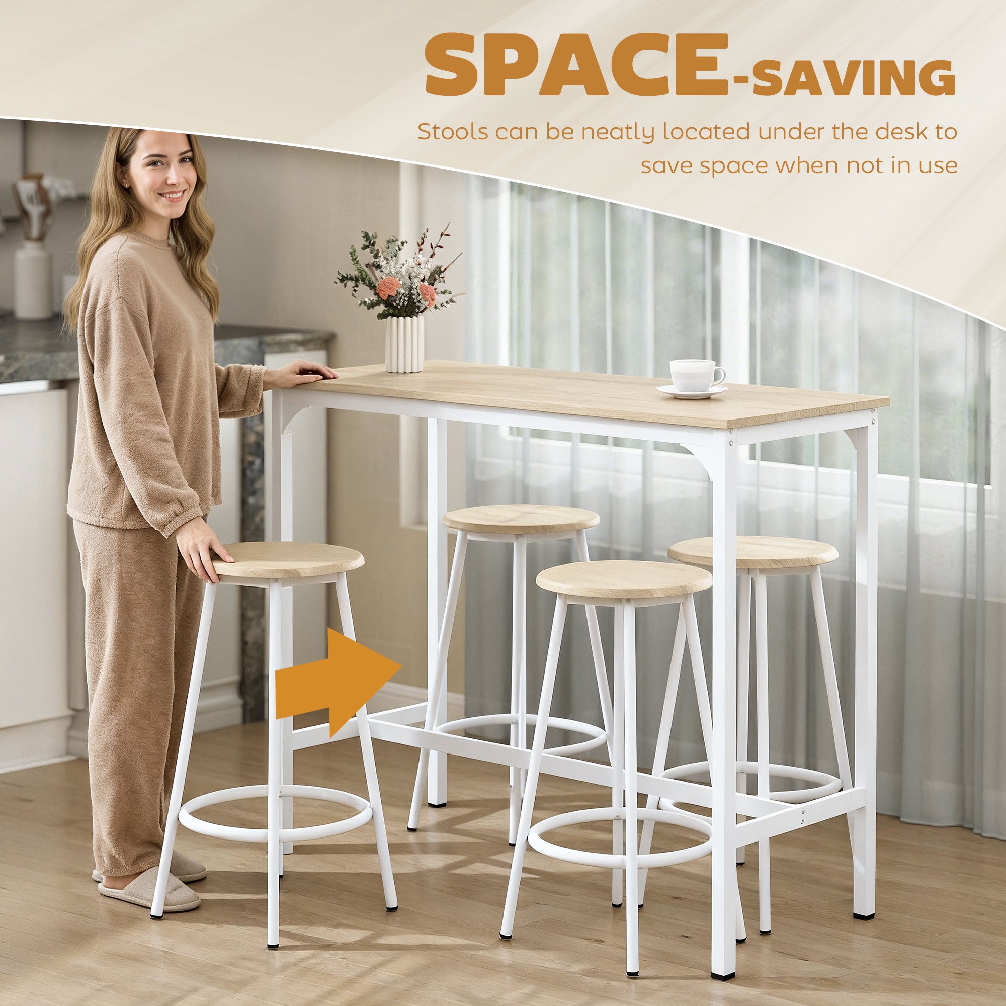 5 Piece Bar Table Set for 4 with Stools, Metal Frame, Footrest for Kitchen Natural Wood