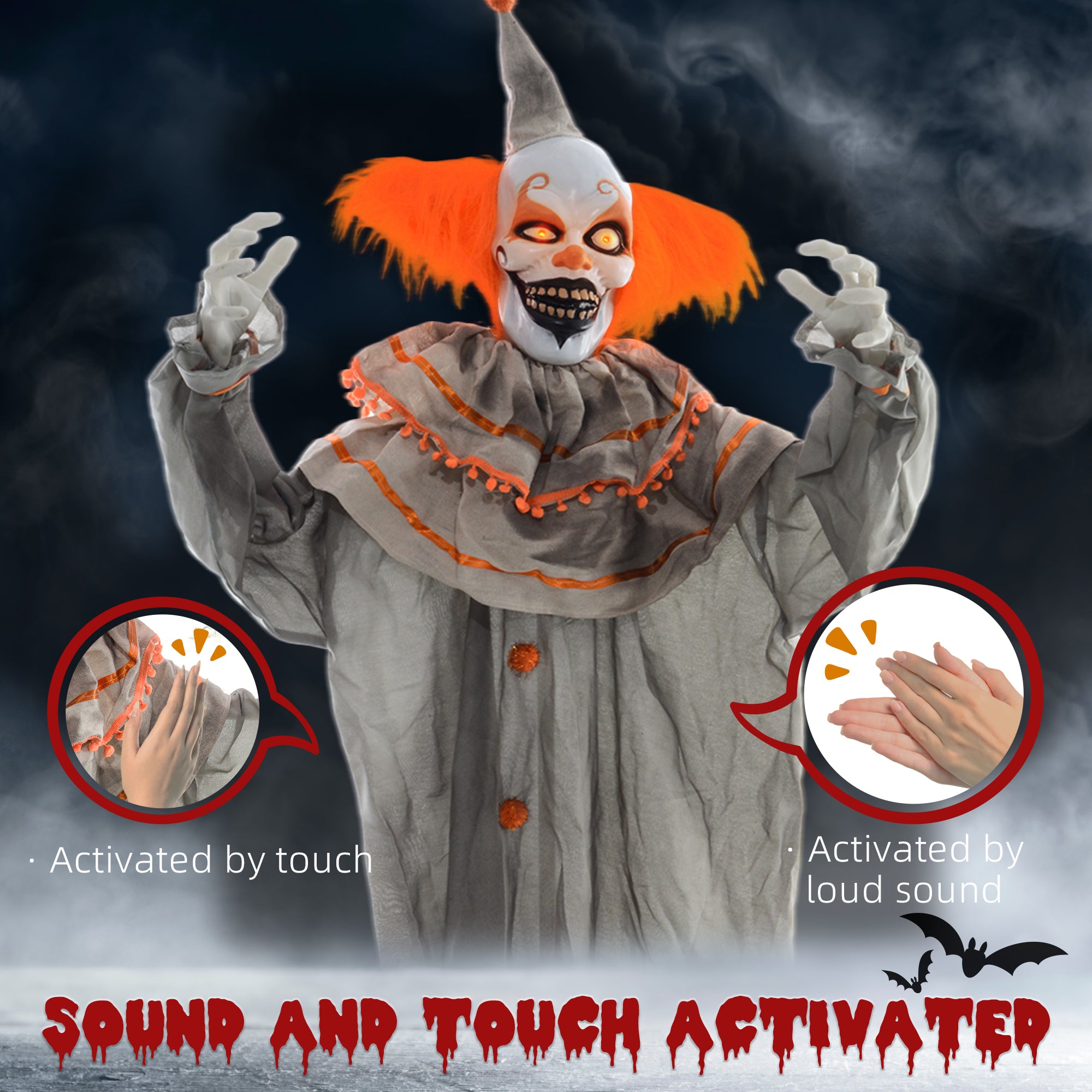 6' Orange Clown Halloween Animatronic, with Glowing Eyes