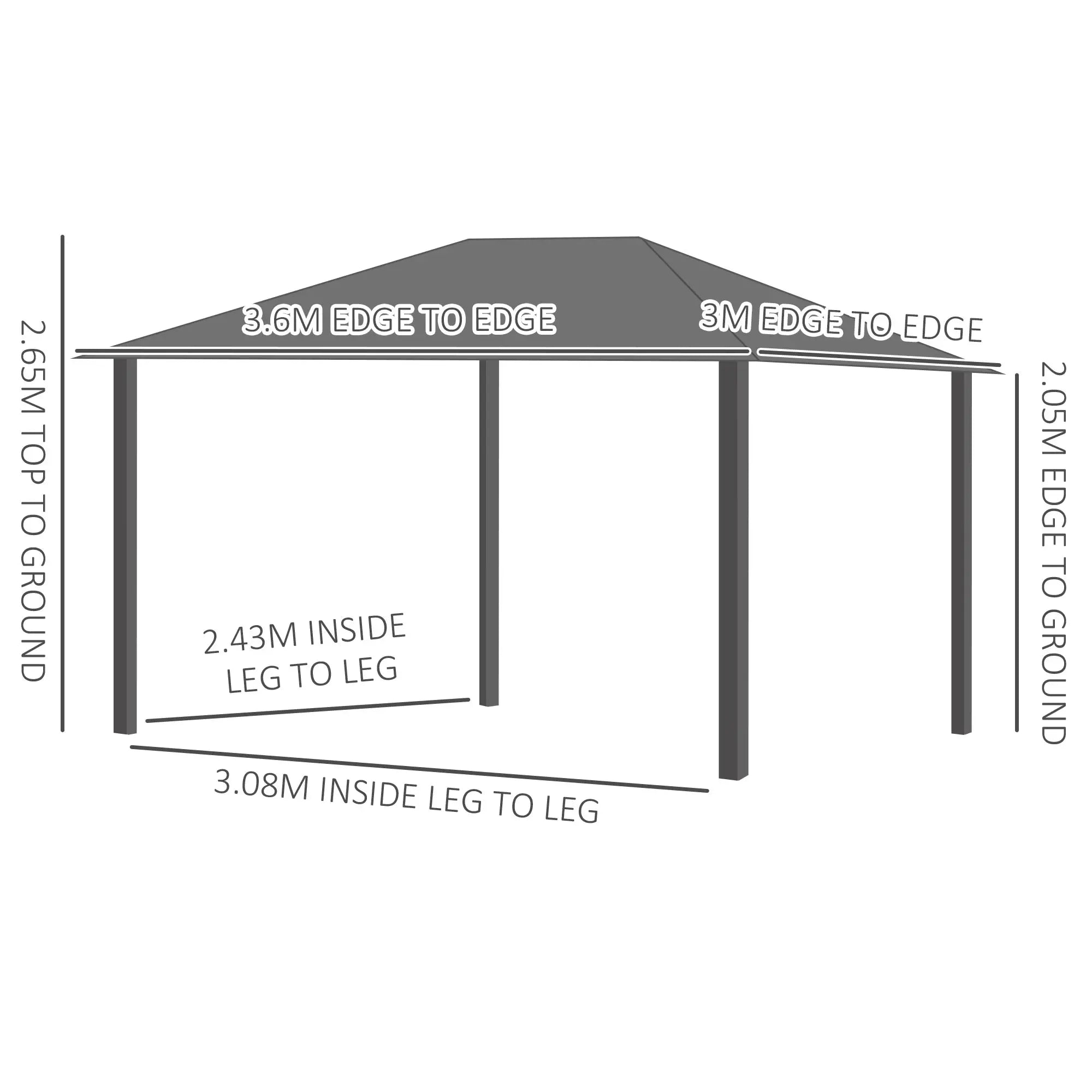 3 by 3.6 Metre Hardtop Gazebo with Polycarbonate Roof and Curtains - Dark Grey