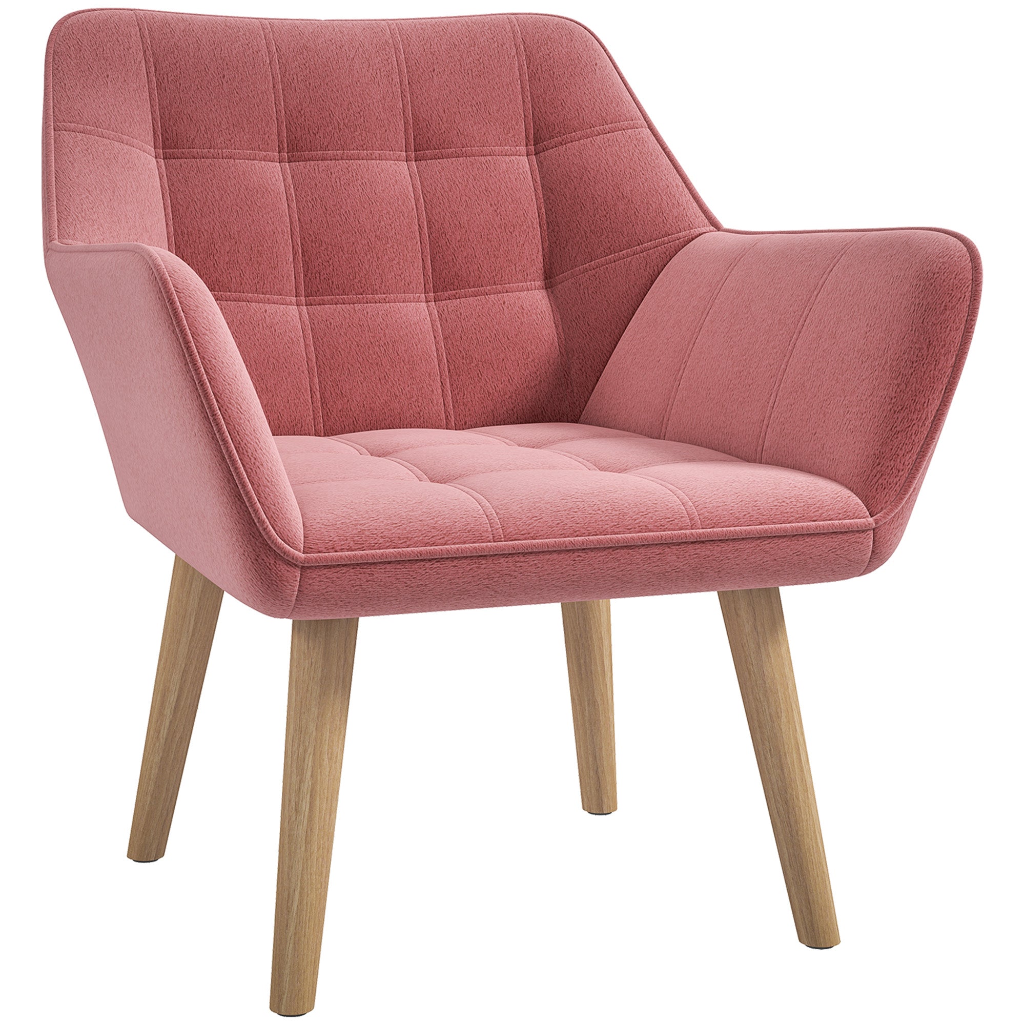 Accent Chair, Arm Chair with Wide Arms, Slanted Back, Thick Padding and Rubber Wooden Legs for Living Room, Pink