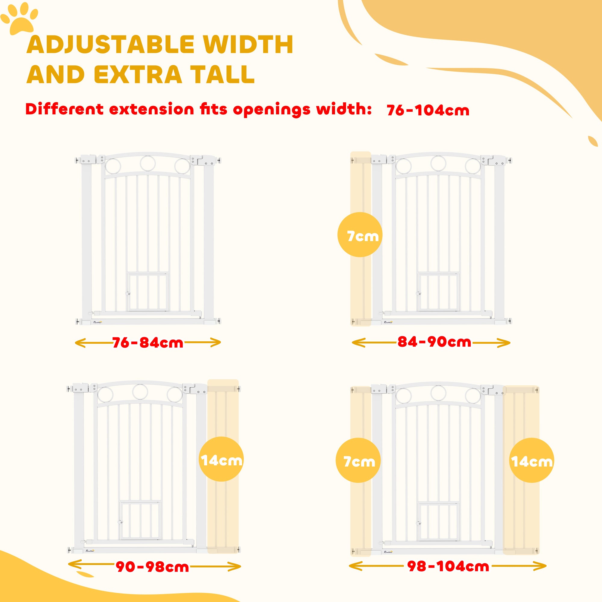 96cm Tall Dog Gate with Cat Door, 7cm and 14cm Extensions, for Stairs & Doorways, 76-104cm Width