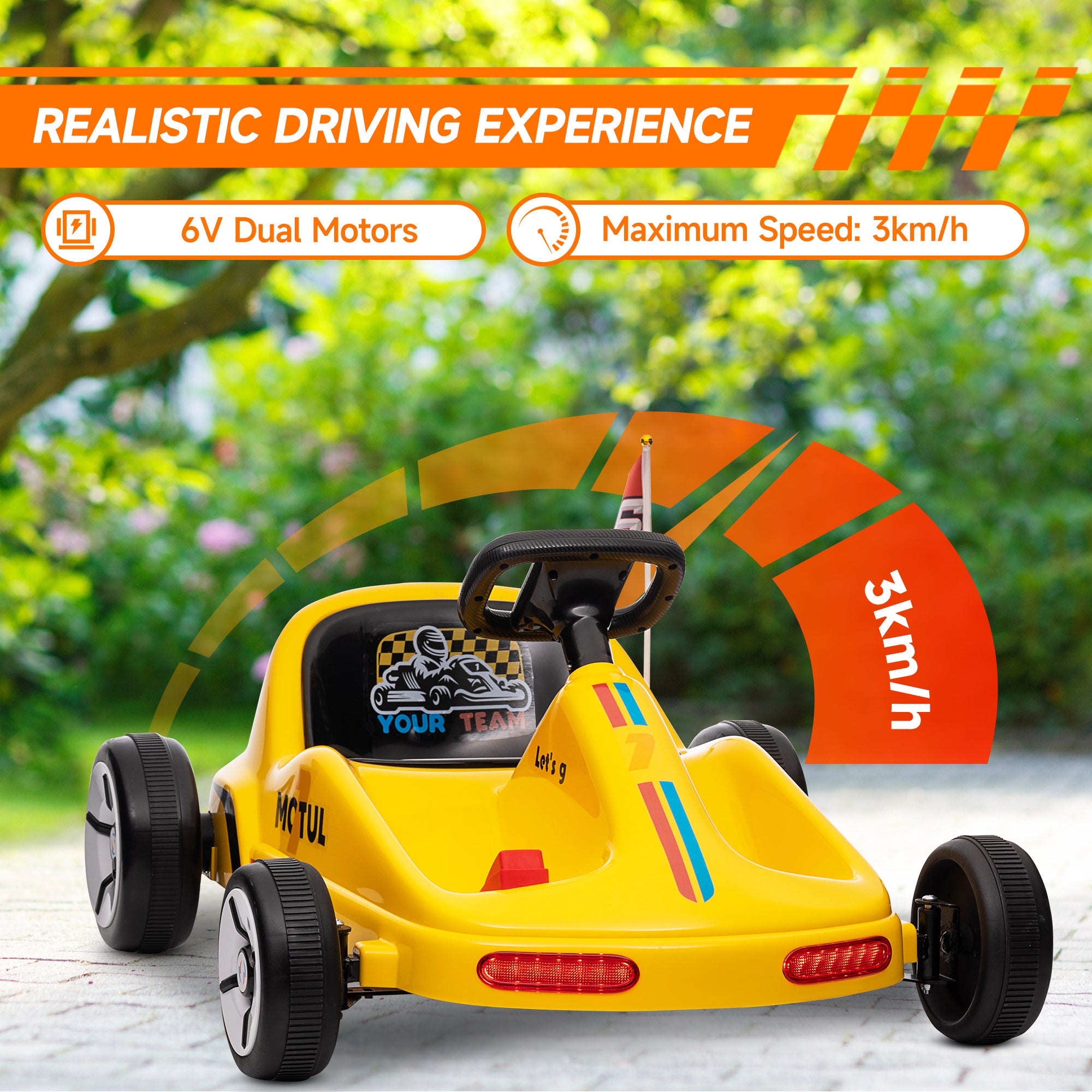 6V Electric Go Kart for Kids with Music, Light, Horn, for 3-5 Years, Yellow