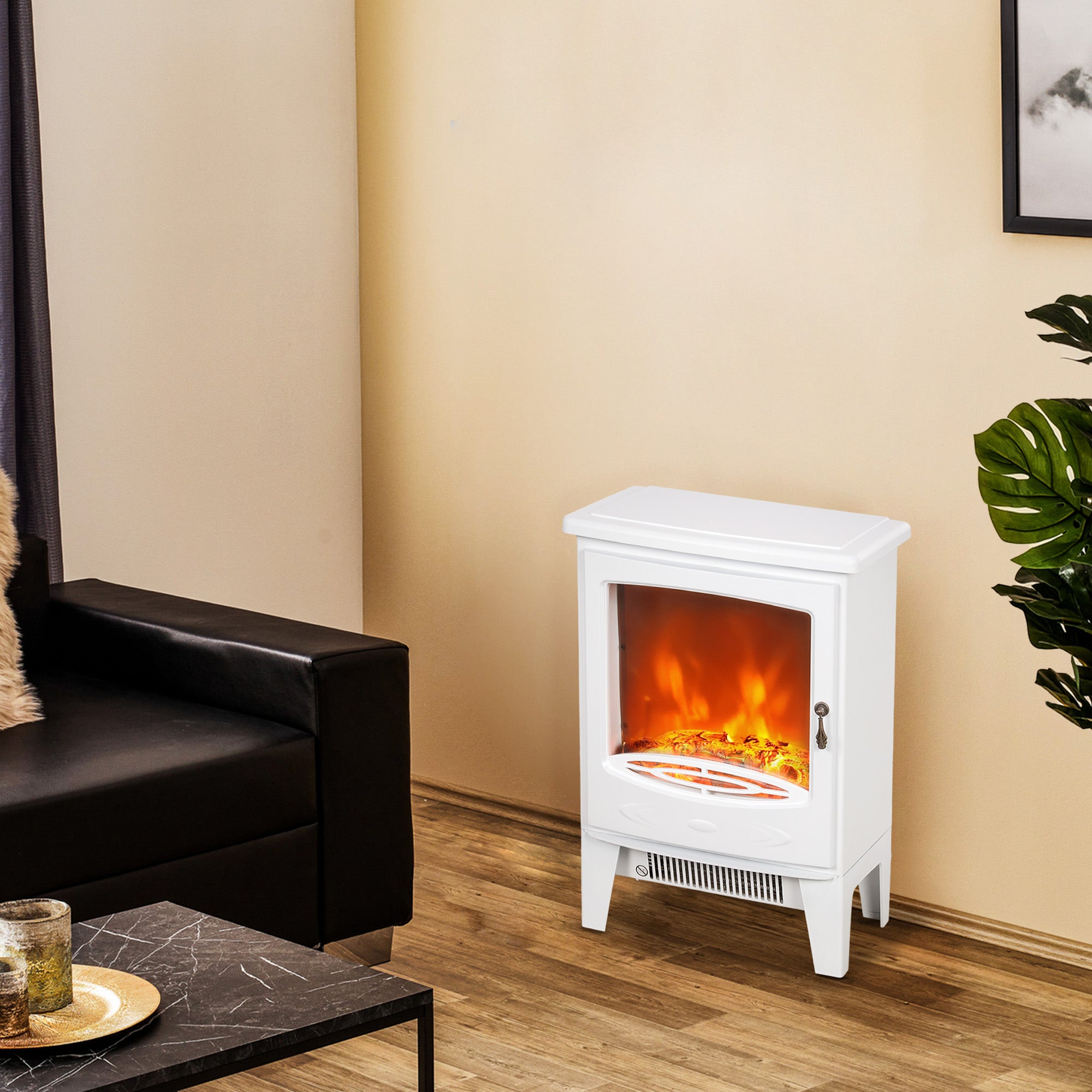 Tempered Glass Casing Electric Fireplace, Freestanding Electric Fire with Realistic Flame Effect, Electric Log Burner with Overheat Protection, 950w/ 1850W, White