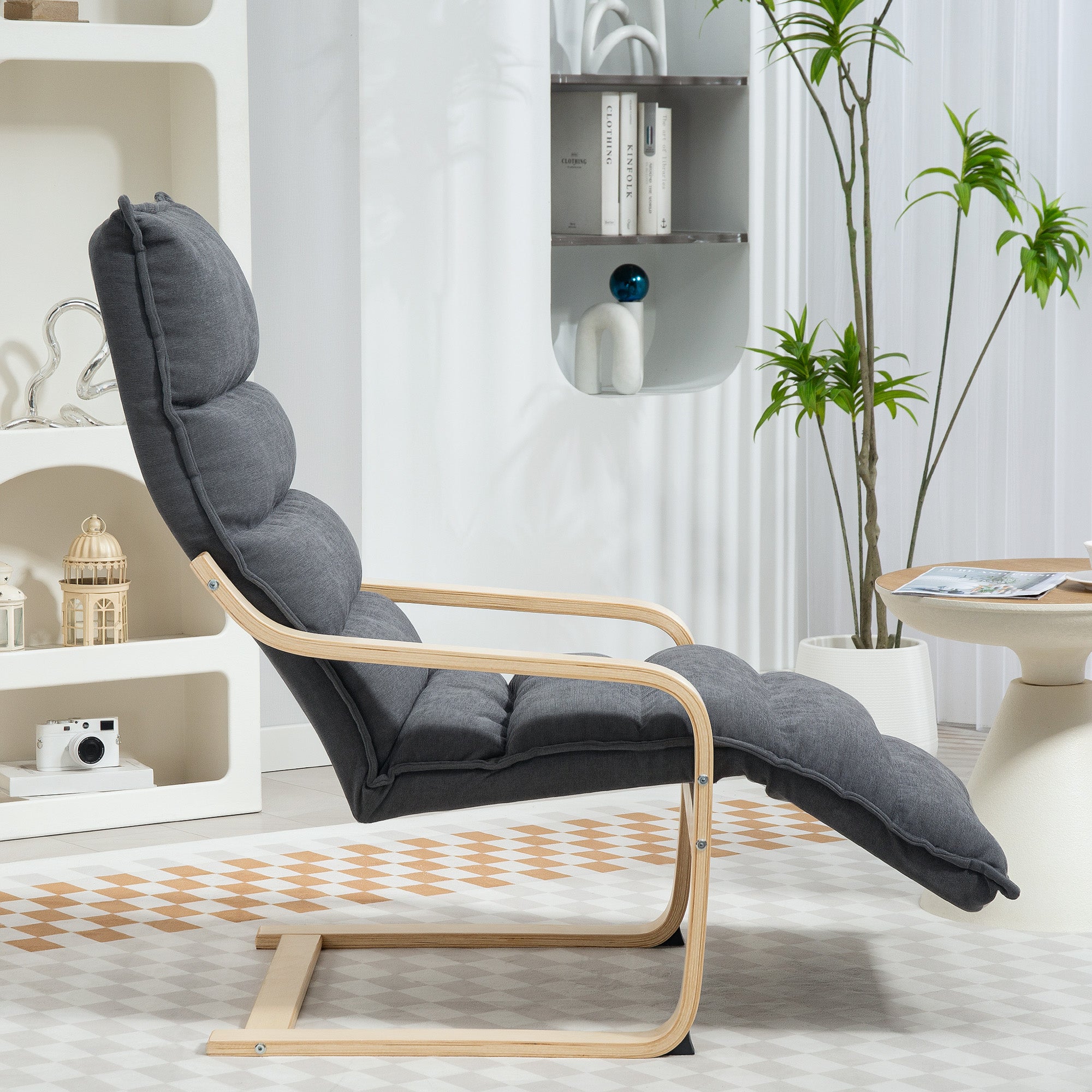 Curved Wooden Accent Lounge Chair with Adjustable Footrest - Drak Grey