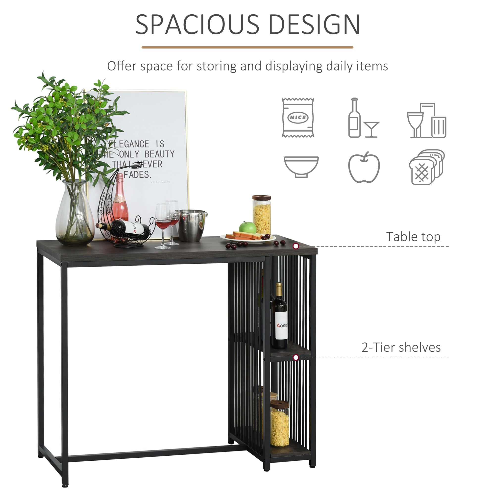 Industrial Bar Table with 2-Tier Storage Shelf, Pub Desk with Adjustable Foot Pad for Living Room, Kitchen, Bedroom, Cafe, Restaurant