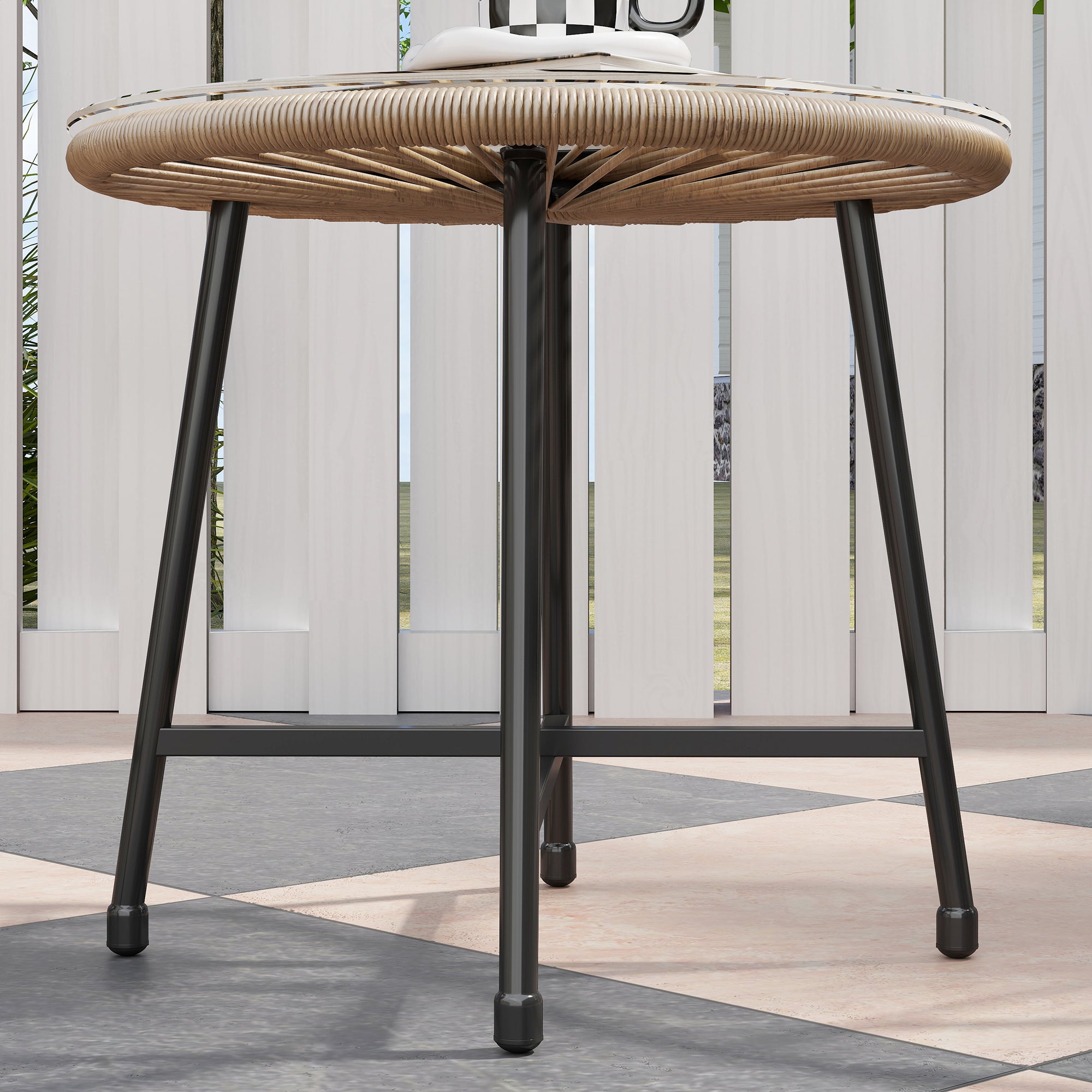 3 Pieces Rattan Bistro Set with Acapulco Chairs and Glass Top Table for Outdoor Patio Balcony - Natural
