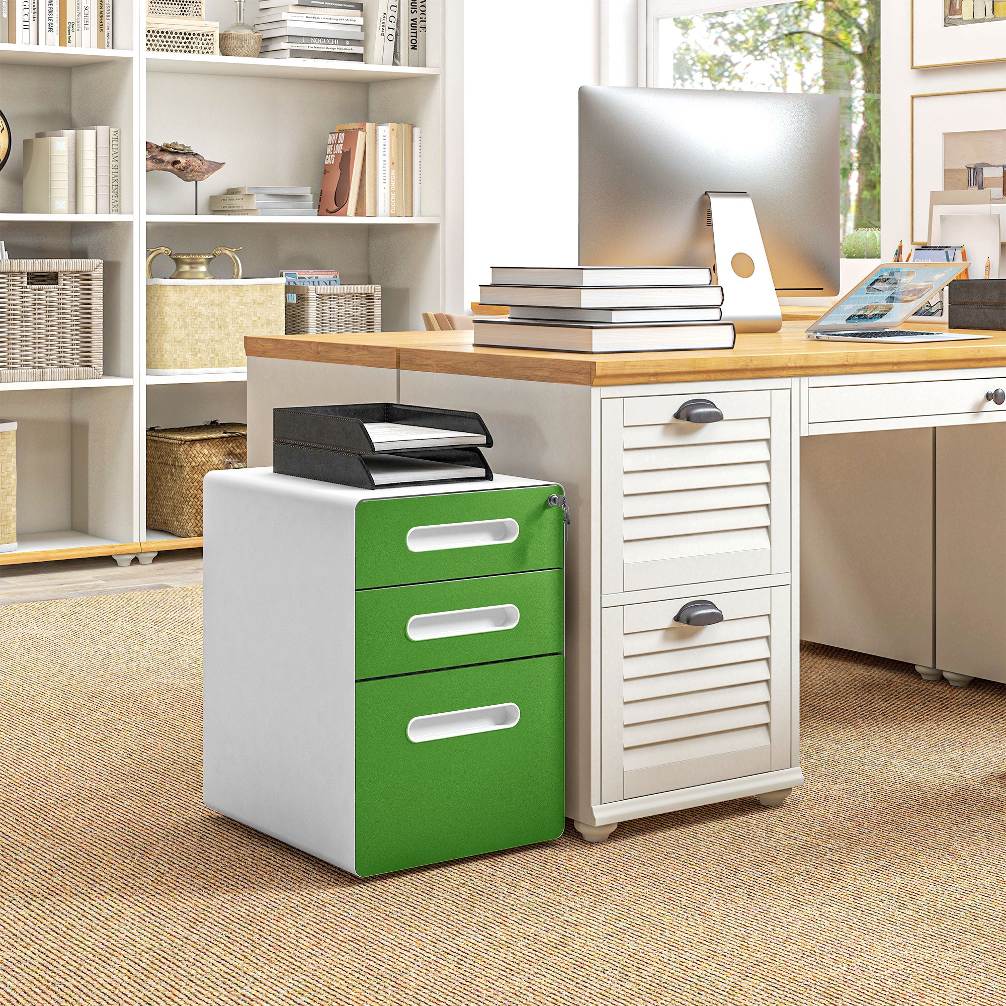 3 Drawer Filing Cabinet, Steel Lockable File Cabinet with Lock and Wheels, for A4, Letter, Legal Sized Files, Green