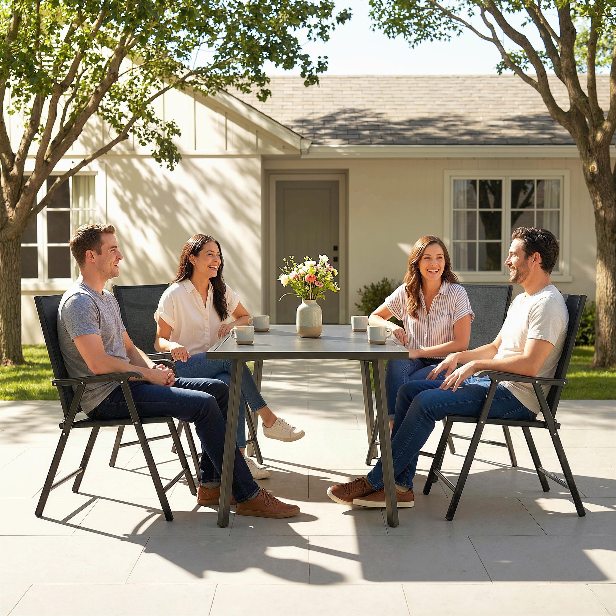 Folding Garden Chairs Set of 4, Foldable Garden Dining Chairs with High Back, Armrests, Texteline Seat, Black