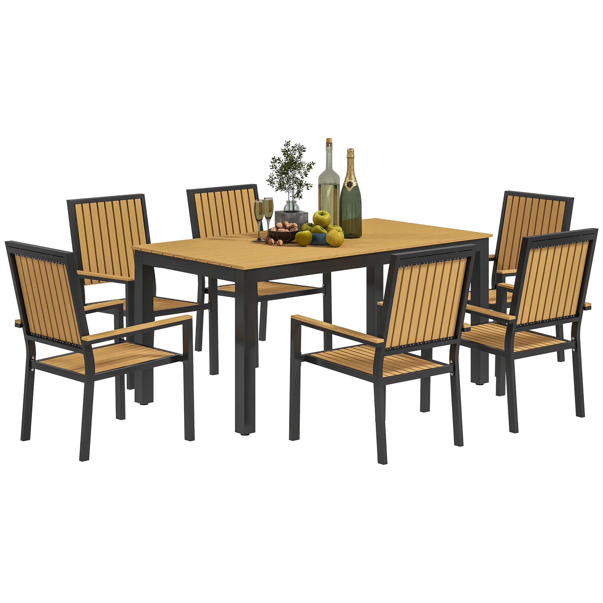 6 Seater Garden Dining Set with Stackable Chairs - Aluminium Frame and Weather-Resistant Wood Plastic Top