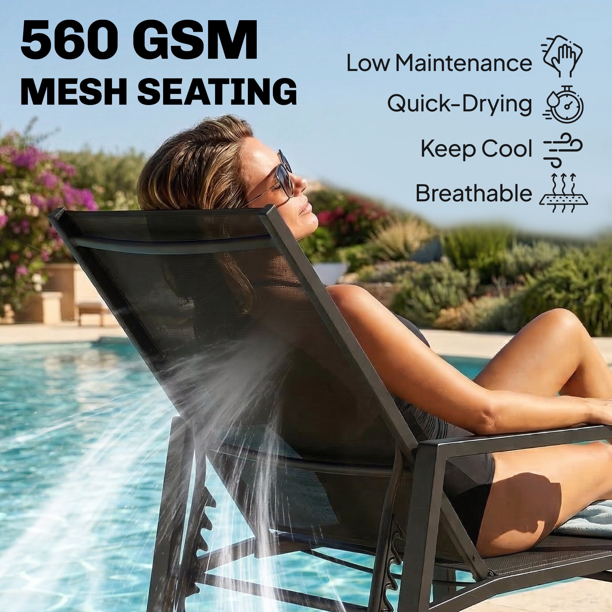 Sun Lounger Retractable Footrest 5-Position Adjustable Steel Frame for Beach, Porch, Patio, Camping, Black